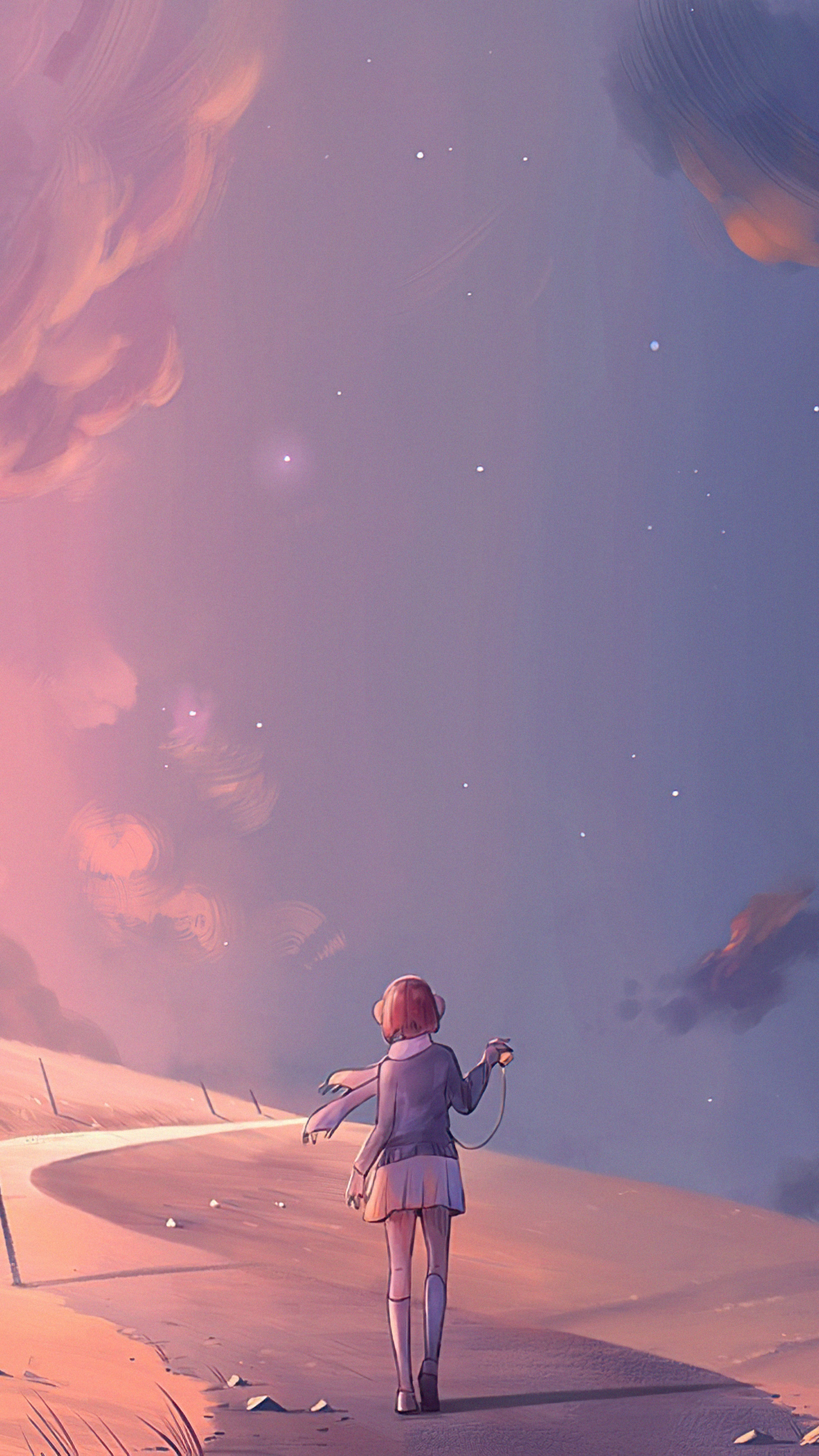 Girl with headphones walking on a road at sunset HD Phone Wallpaper