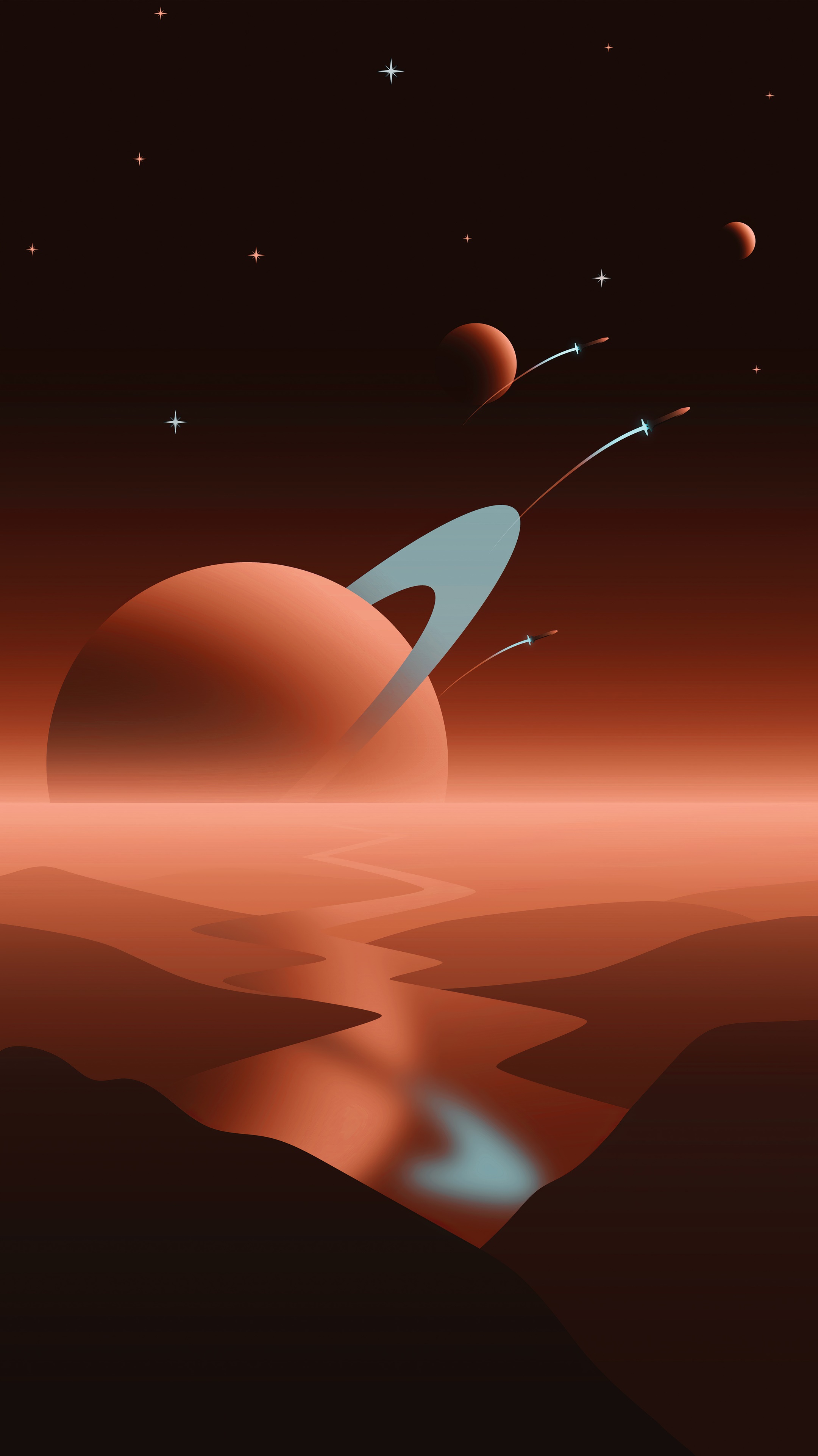 Alien planet with ringed planet and spaceships HD Phone Wallpaper