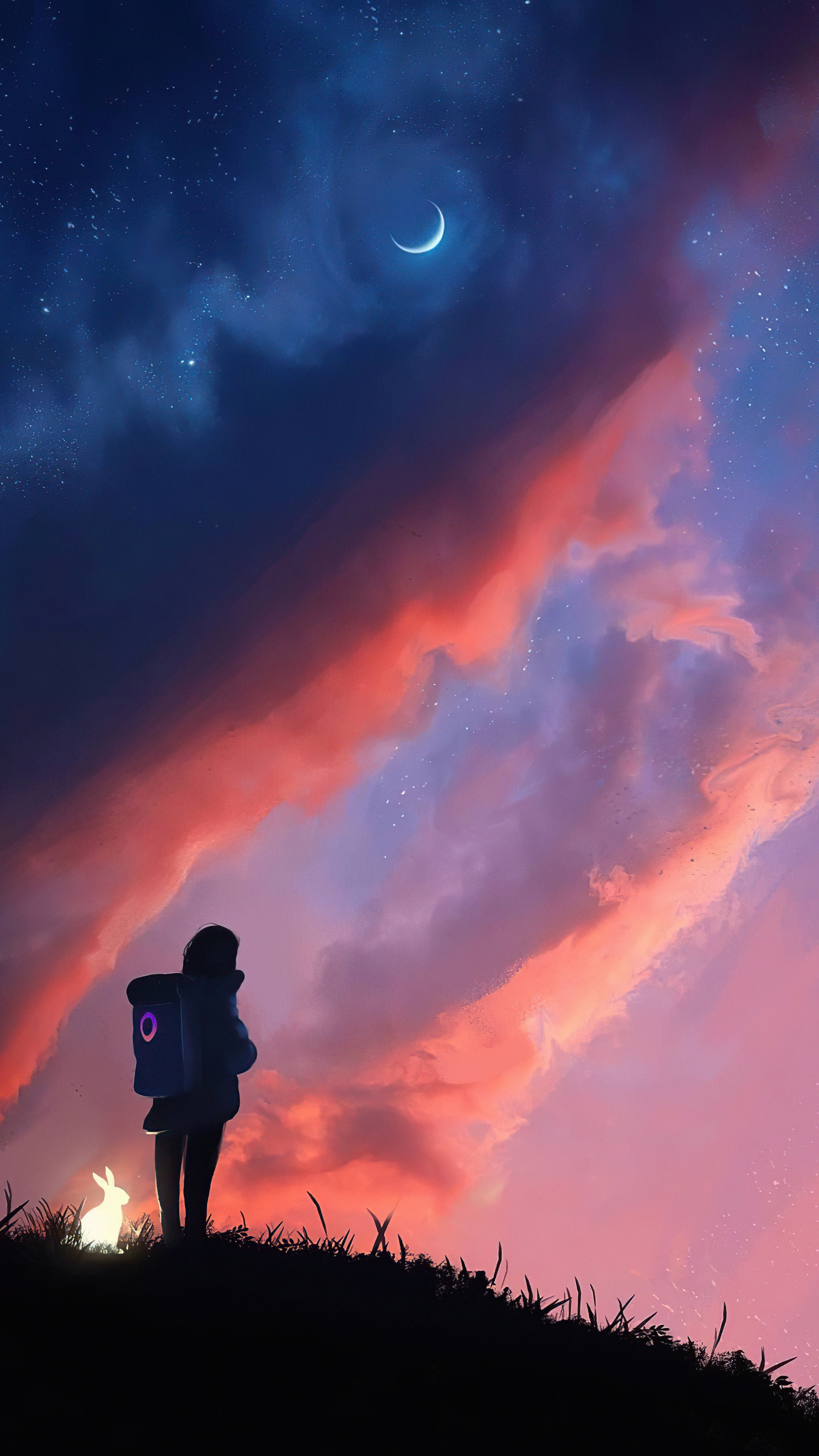 Girl with backpack and glowing rabbit under crescent moon sky HD Phone Wallpaper