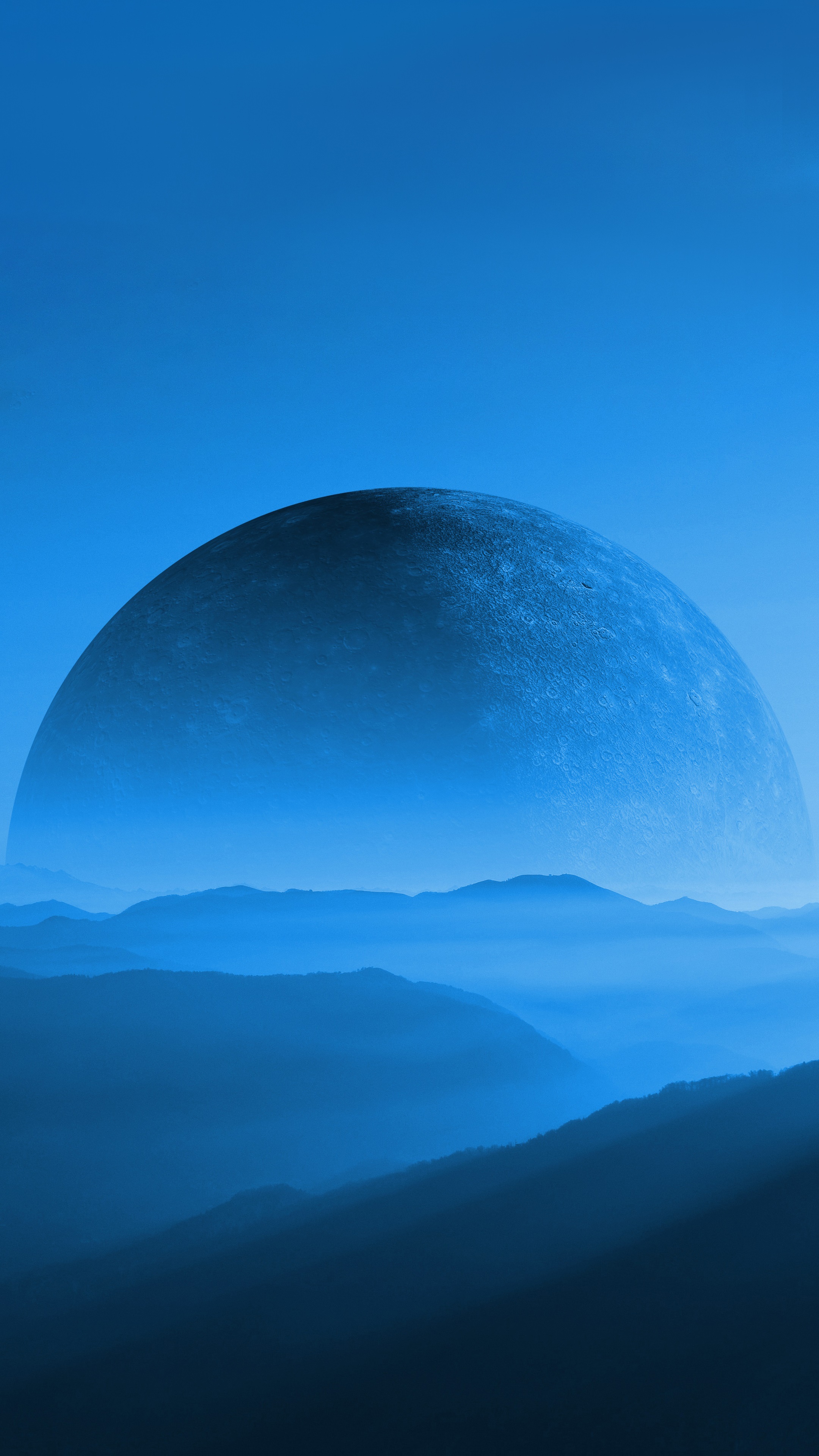 Planet over misty mountains, digital art 4K HD Phone Wallpaper