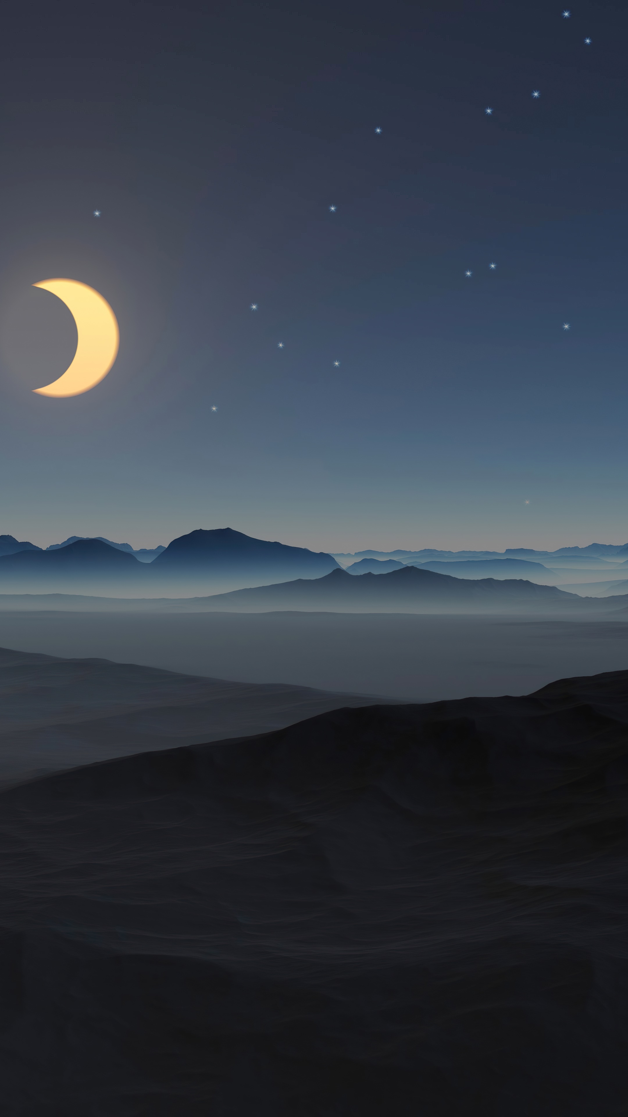 Crescent moon over misty mountains at night HD Phone Wallpaper