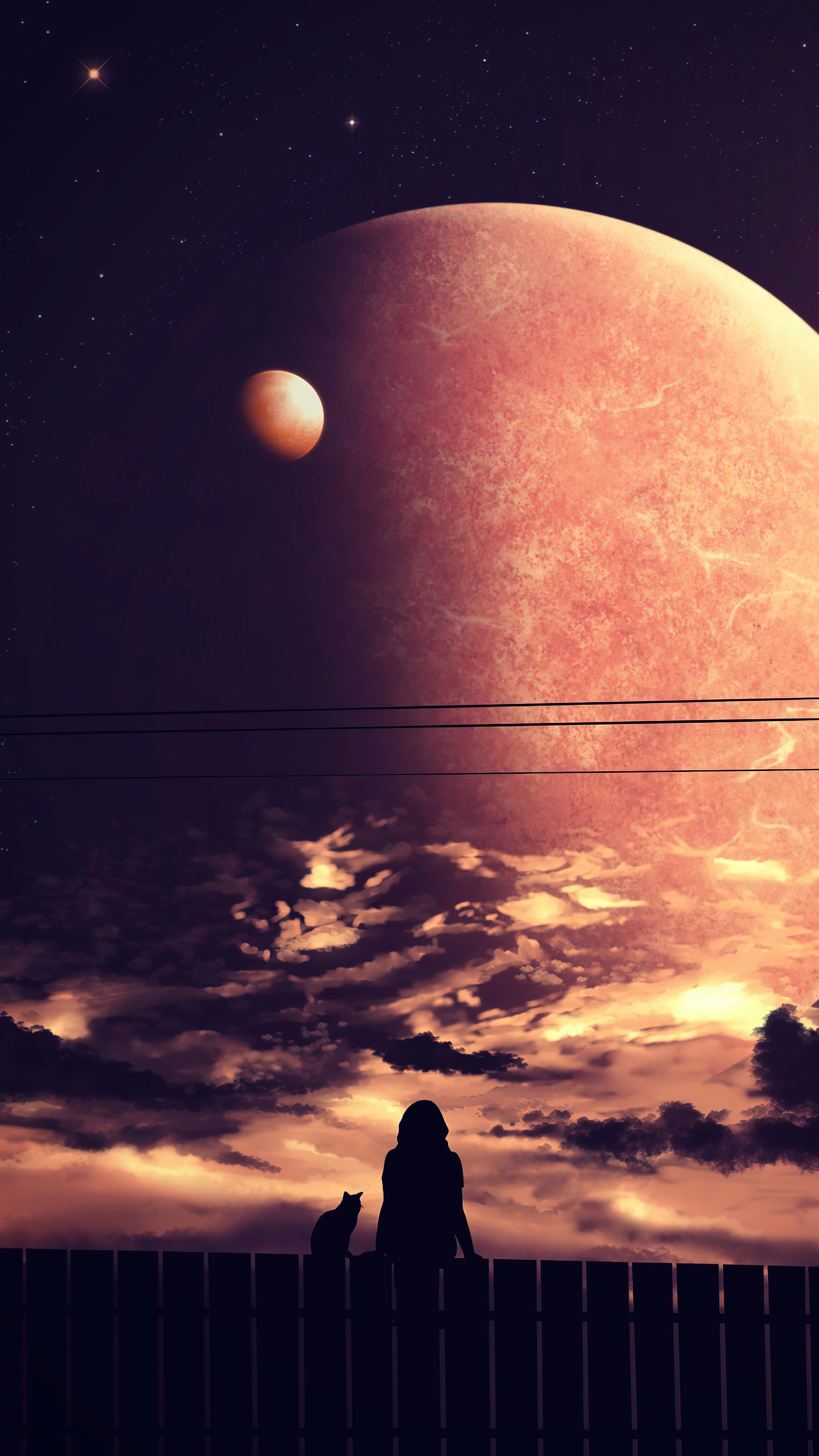 Girl and cat watching planets in space HD Phone Wallpaper