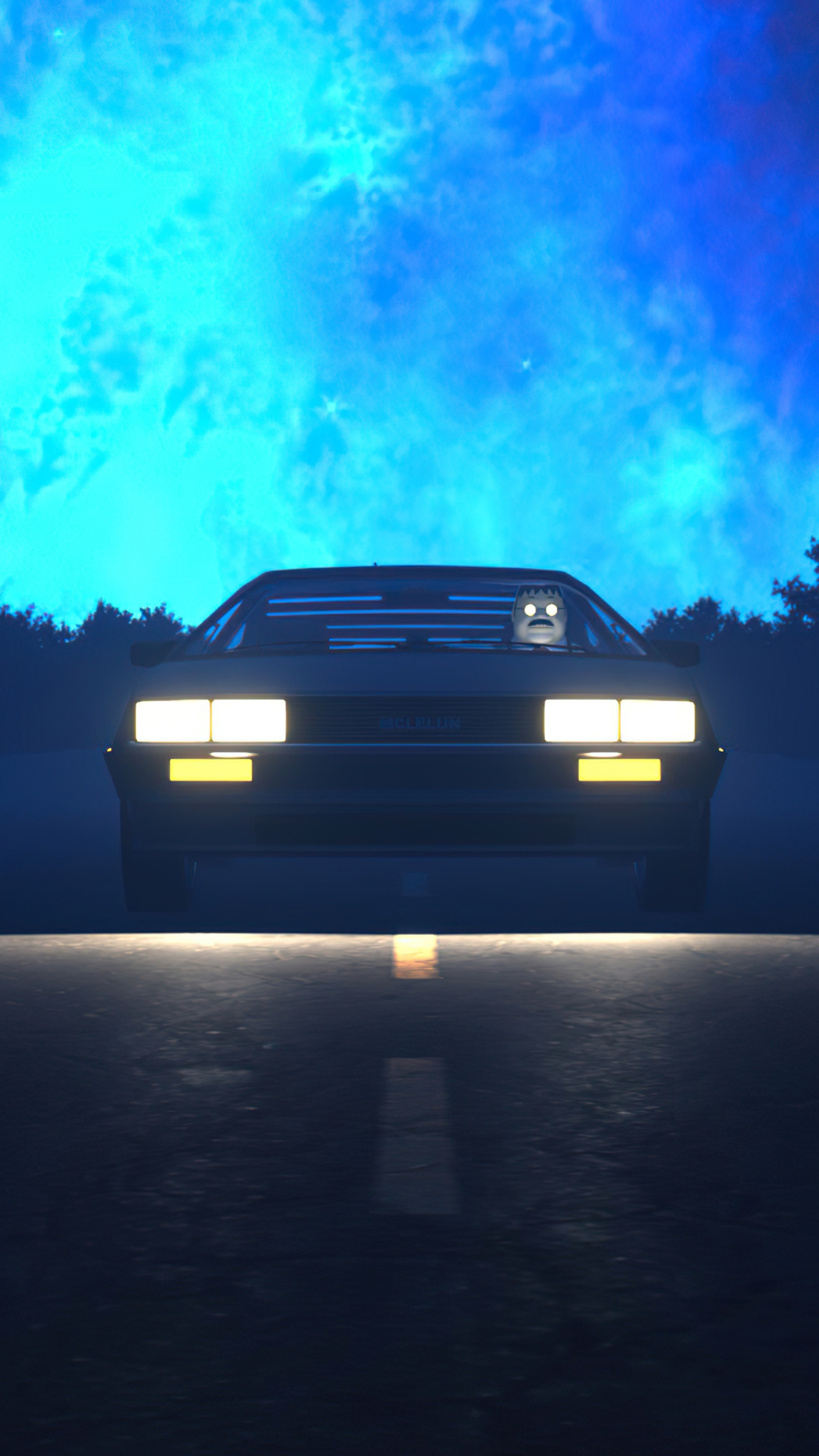 Digital art of a DeLorean car at night HD Phone Wallpaper