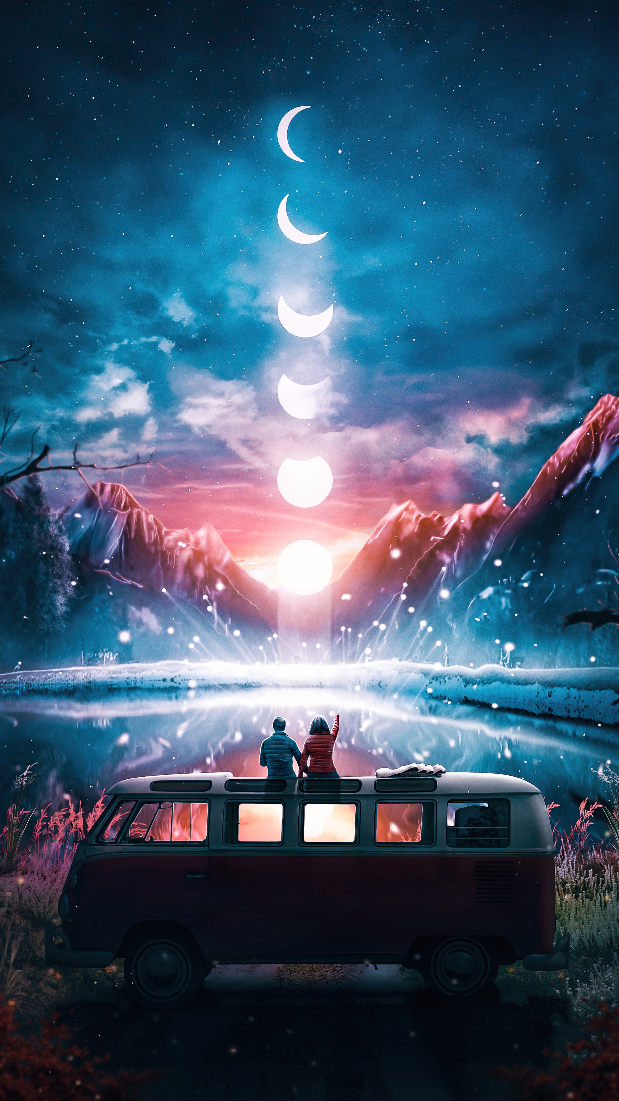 Couple on Van Watching Lunar Eclipse over Mountains HD Phone Wallpaper