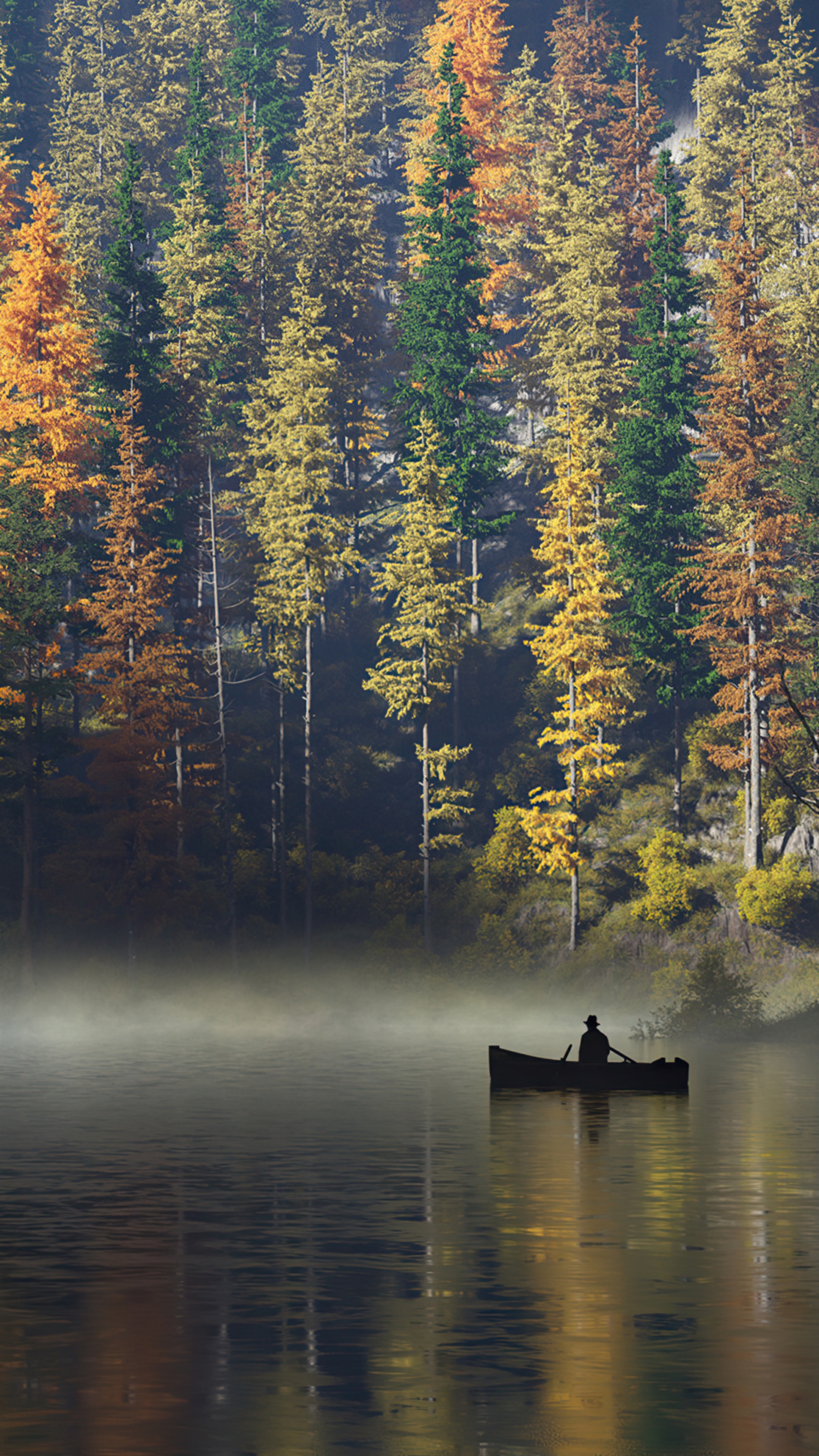 Canoeist on a Misty Lake with Autumn Forest HD Phone Wallpaper