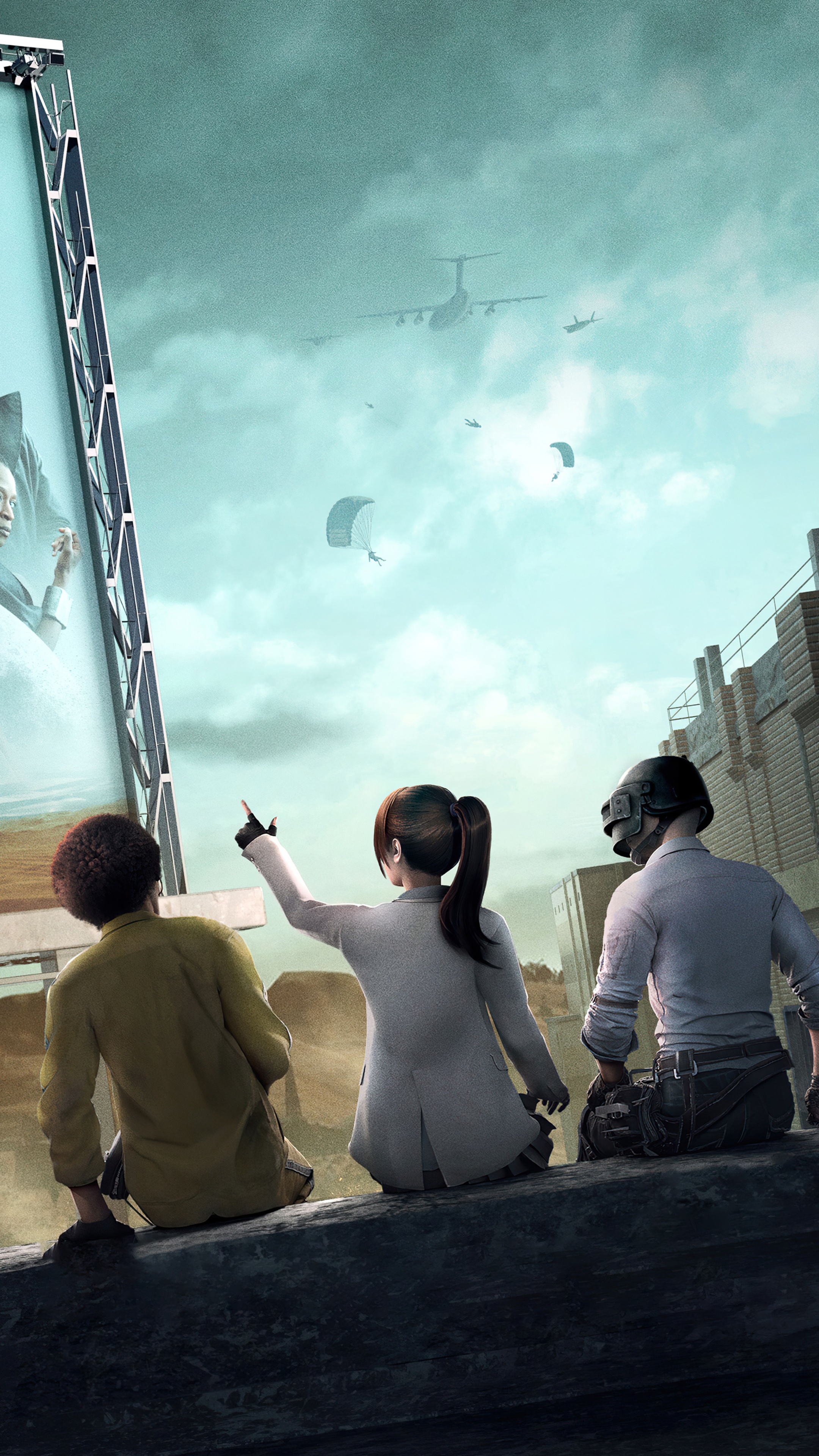 PUBG characters watch planes and parachuters descend HD Phone Wallpaper