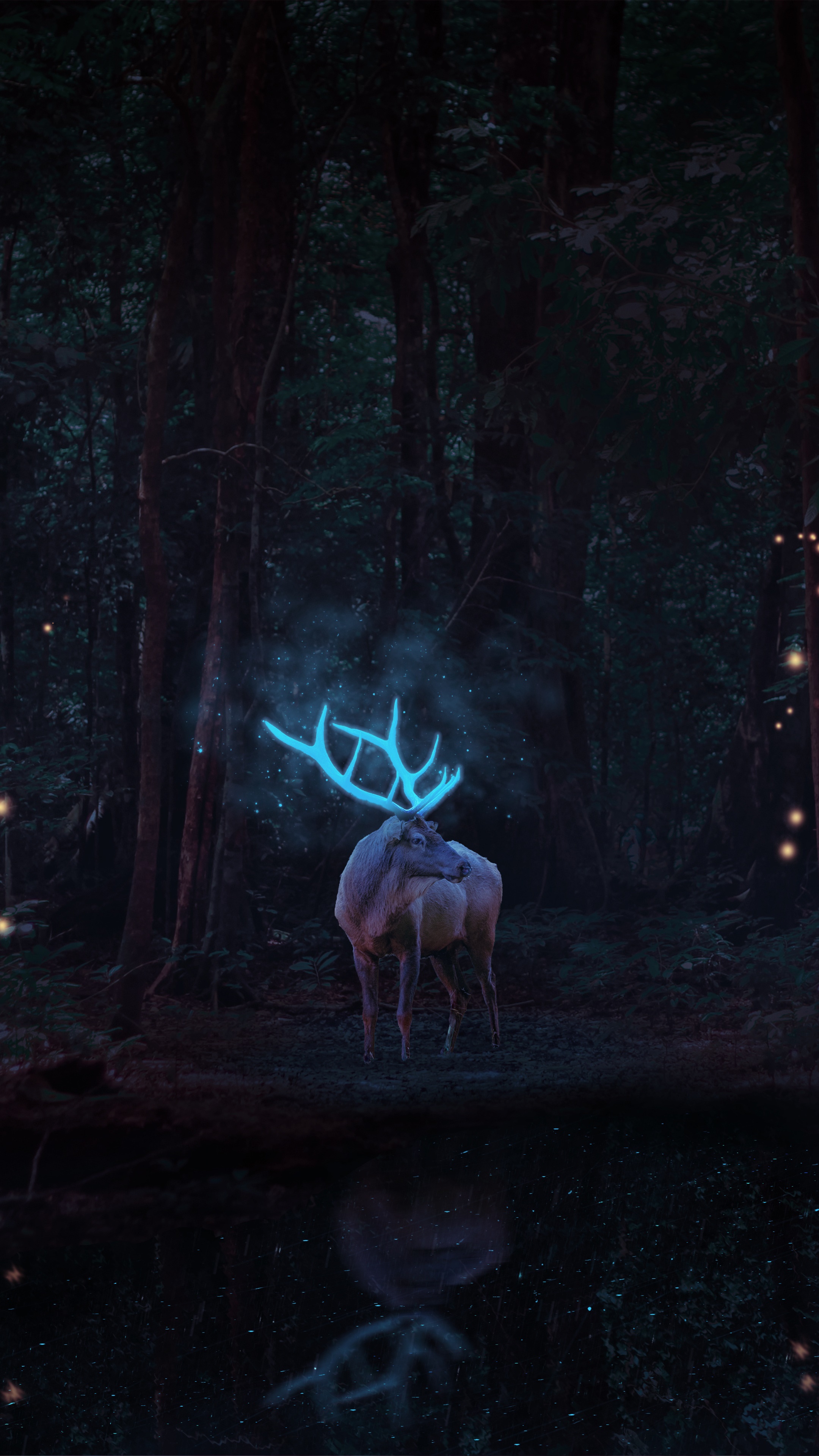 Digital art of a reindeer with glowing antlers in a forest HD Phone Wallpaper