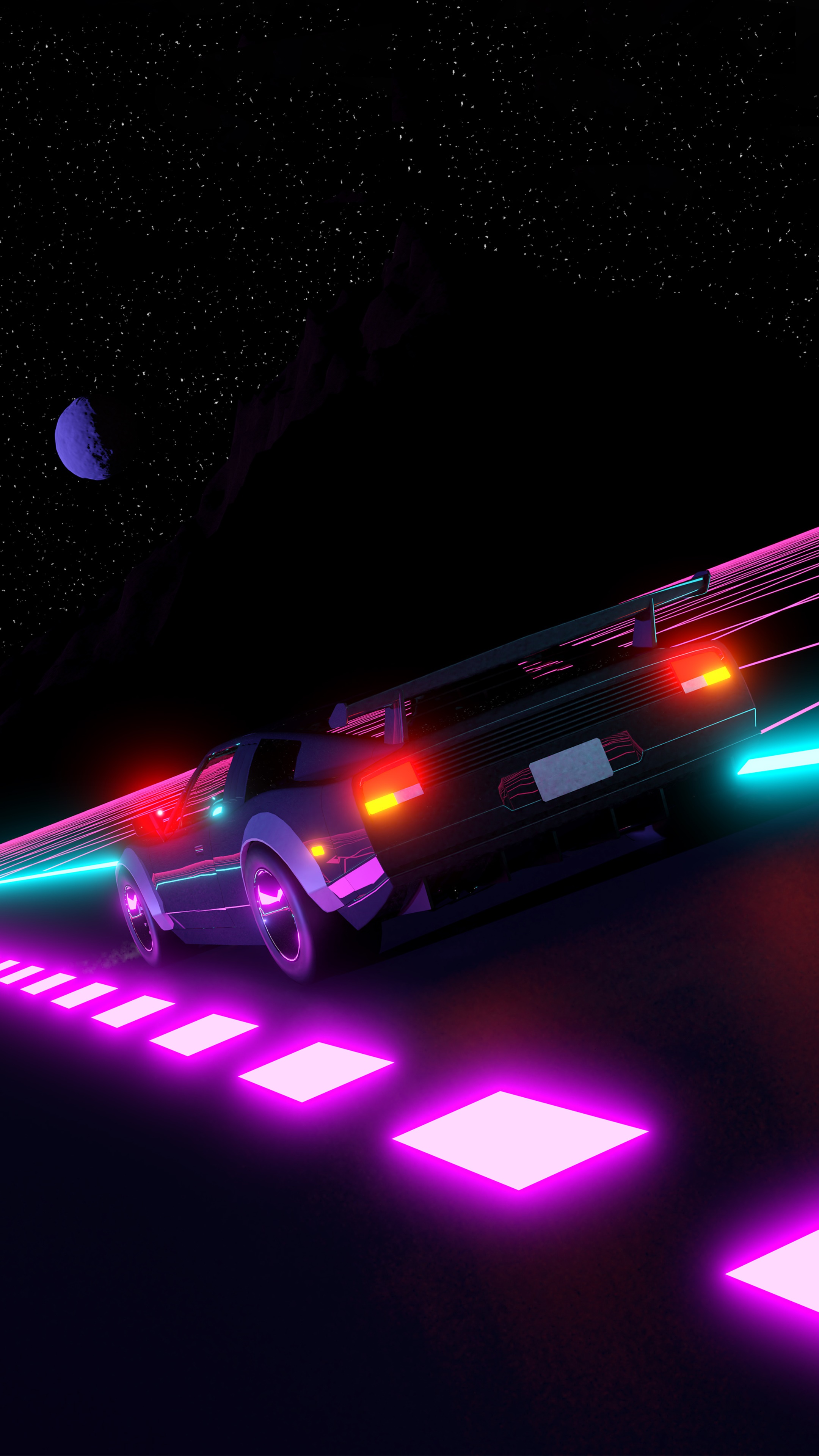 Retro car driving on a neon road at night HD Phone Wallpaper