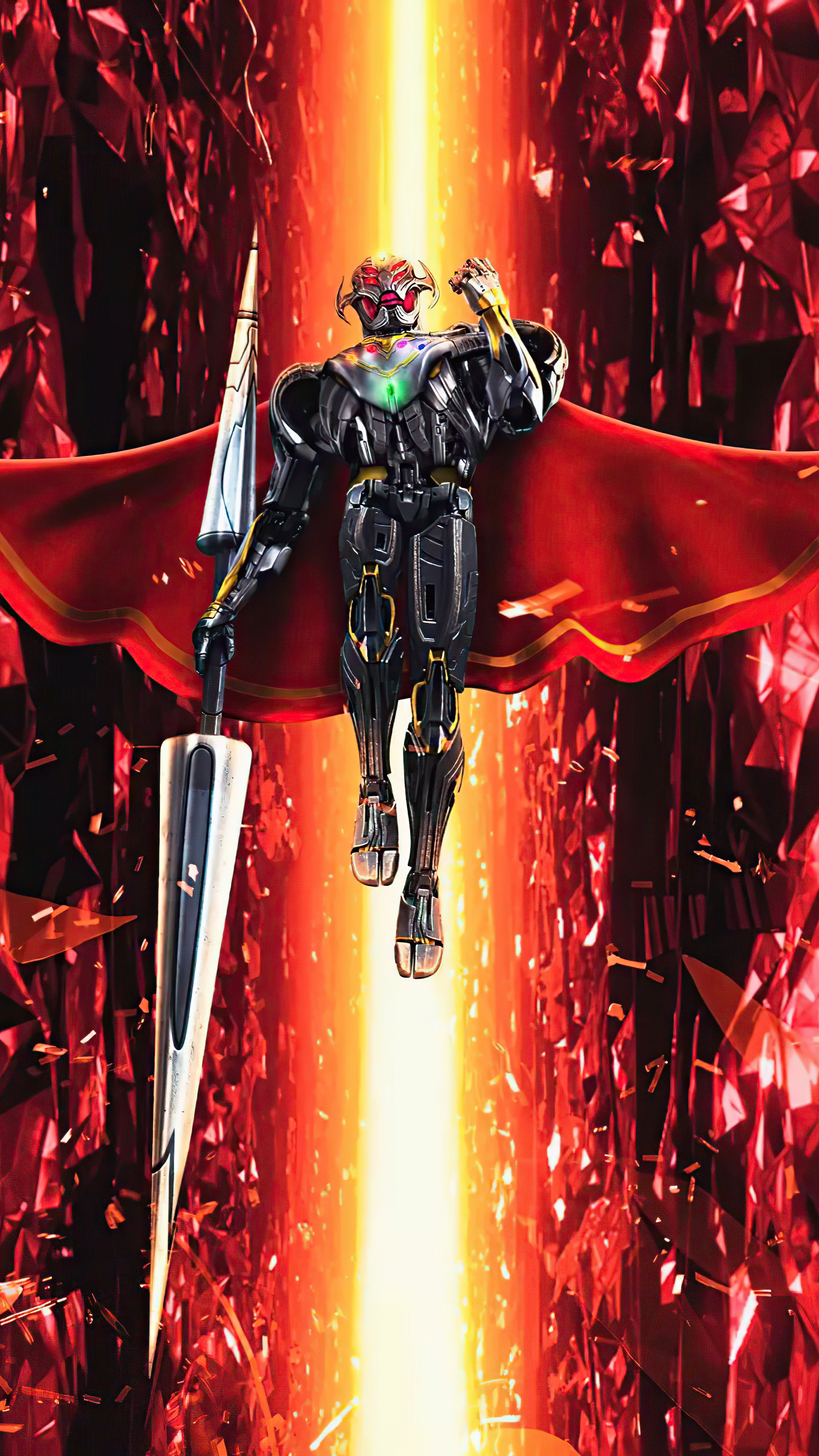 Ultron from Marvel with a red cape and spear HD Phone Wallpaper
