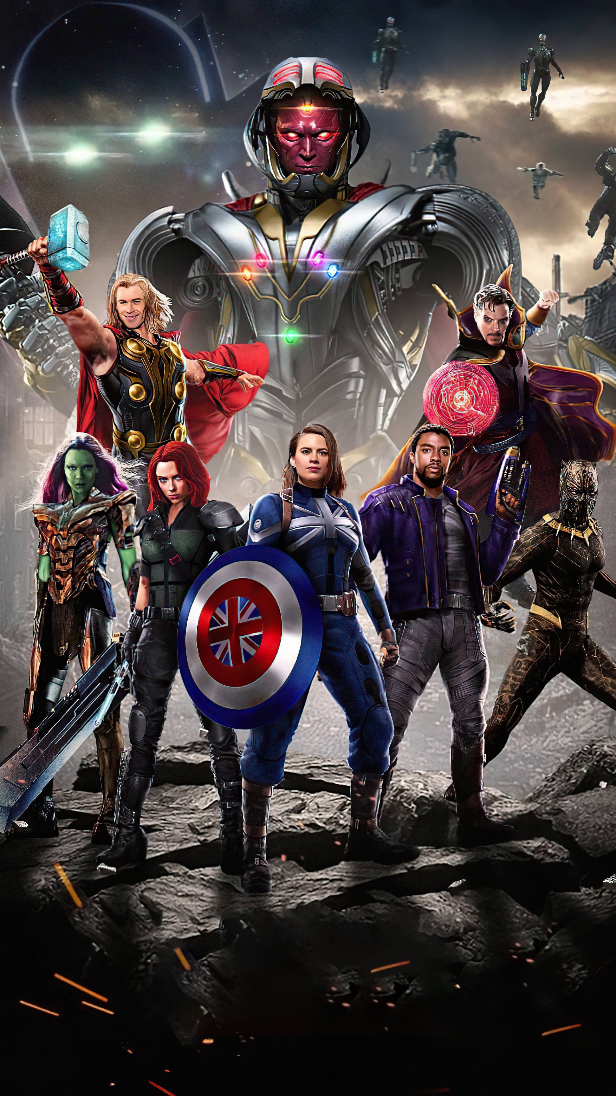 Avengers What If...? Ultron Vision, Thor, Doctor Strange, Gamora, Black Widow, Captain Carter, Black Panther HD Phone Wallpaper