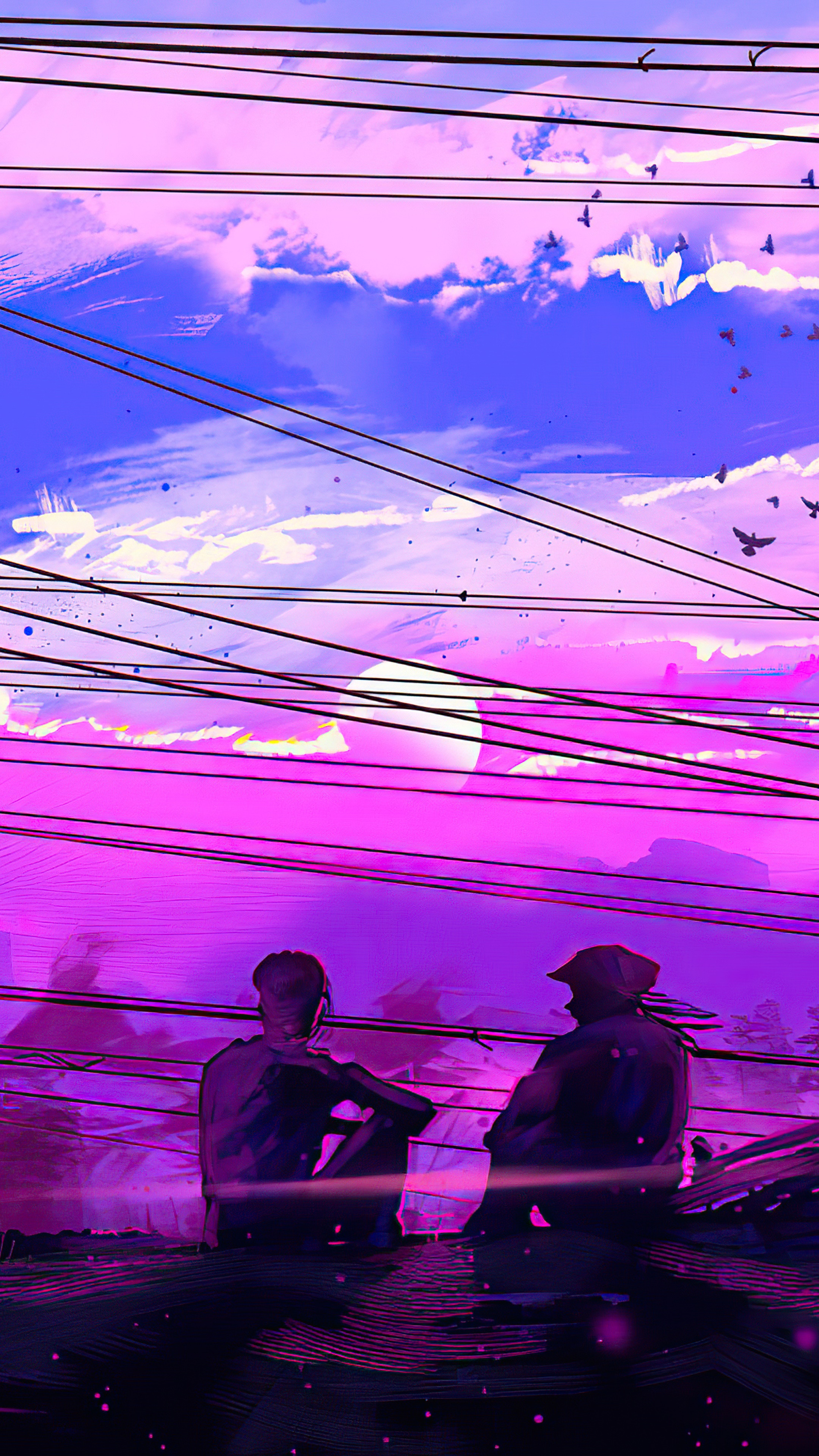 Two people sitting on a rooftop at sunset HD Phone Wallpaper
