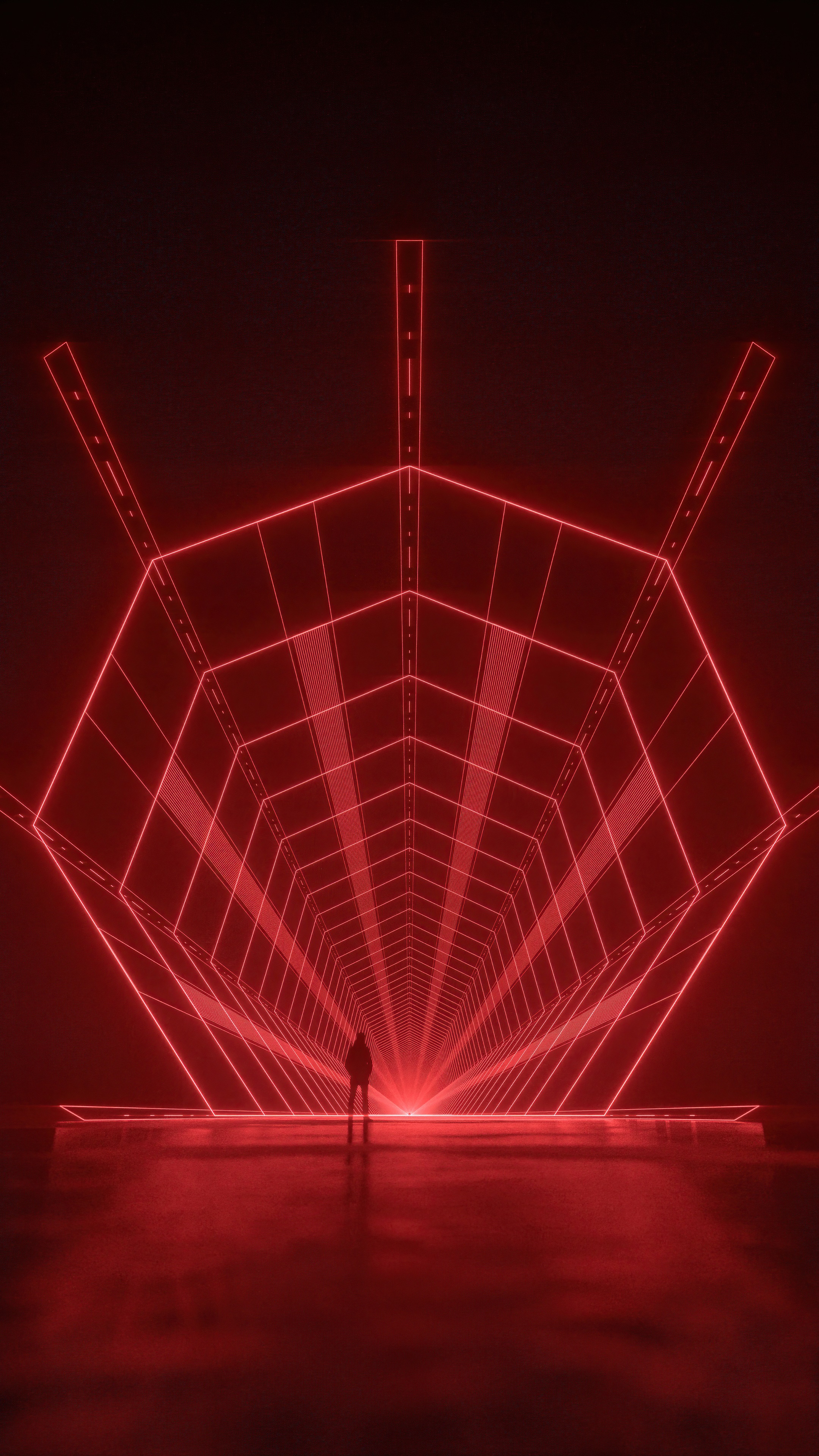 Man standing in a red neon geometric tunnel HD Phone Wallpaper