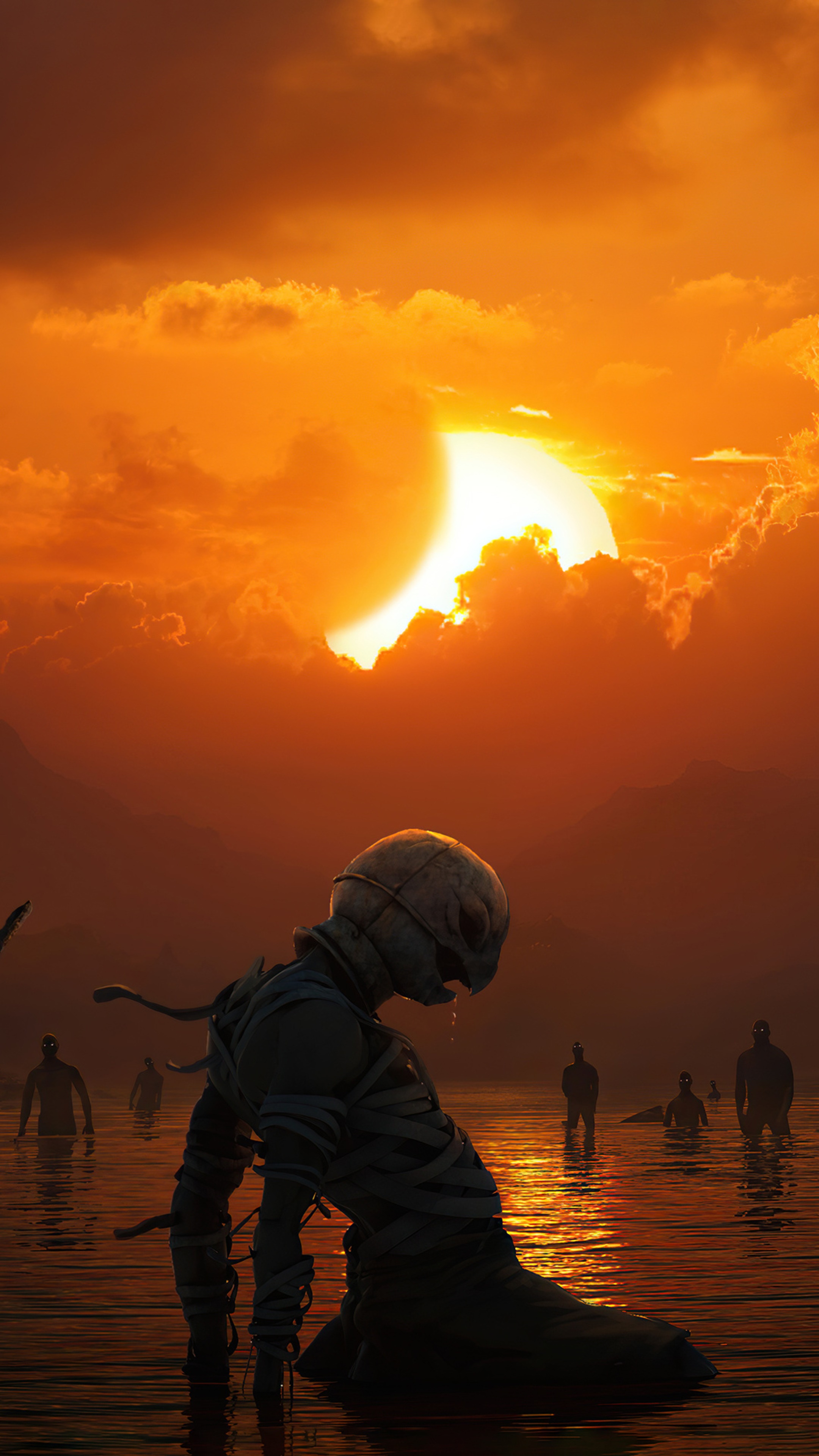 Figures in water during a solar eclipse HD Phone Wallpaper