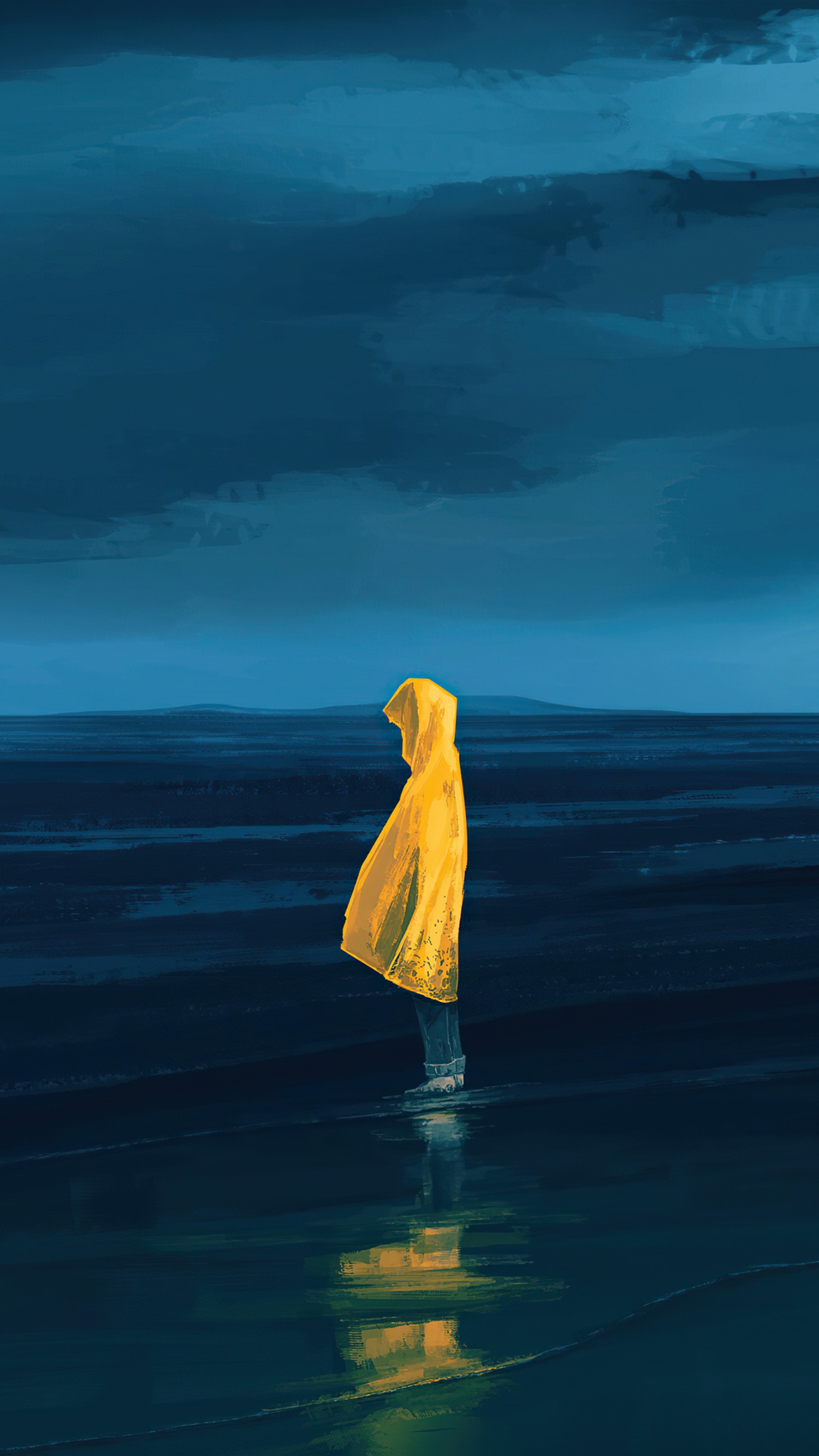 Person in yellow raincoat on a dark beach HD Phone Wallpaper