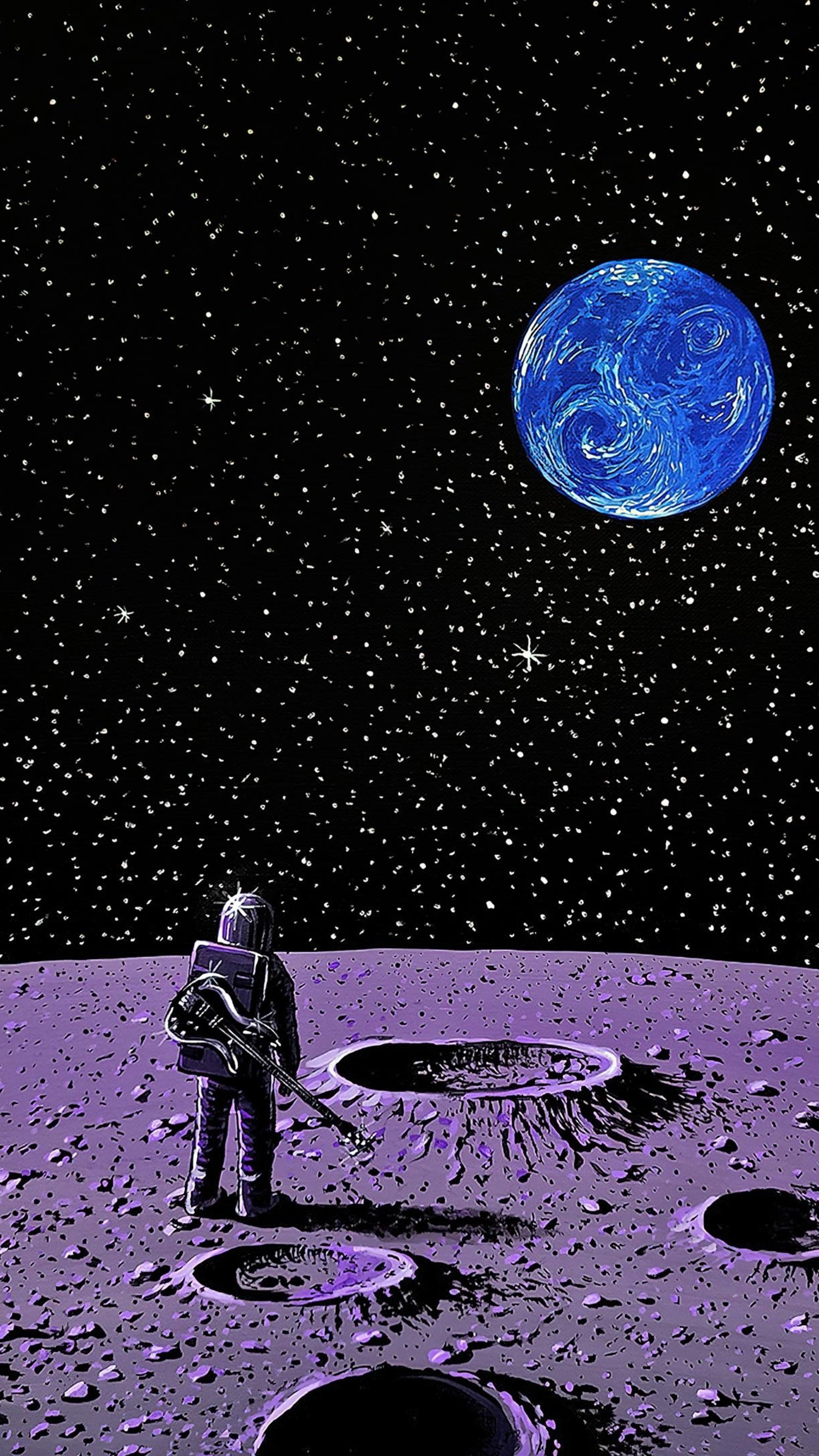 Astronaut with guitar on the moon looking at Earth HD Phone Wallpaper