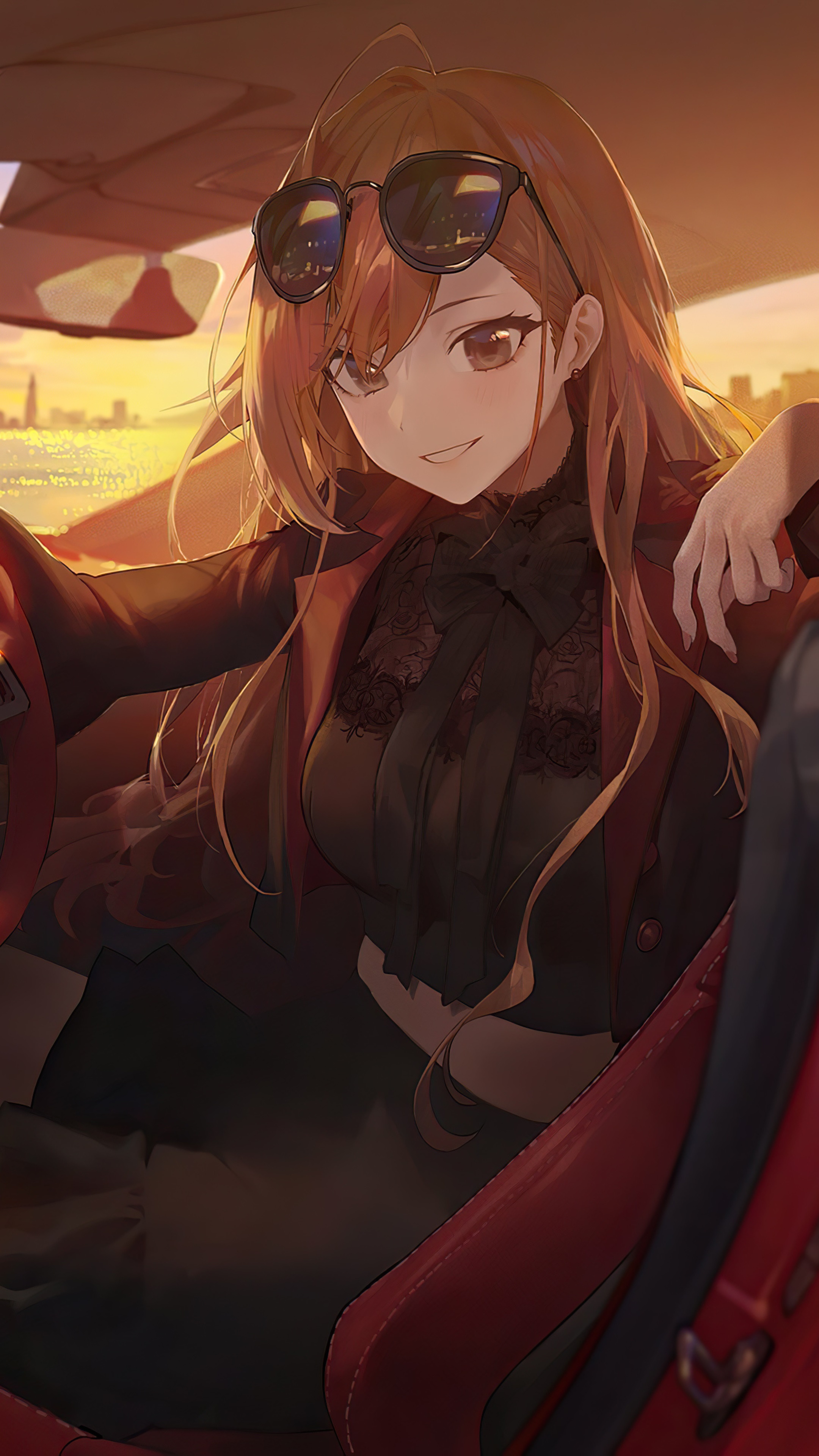 Anime girl with sunglasses in a car HD Phone Wallpaper