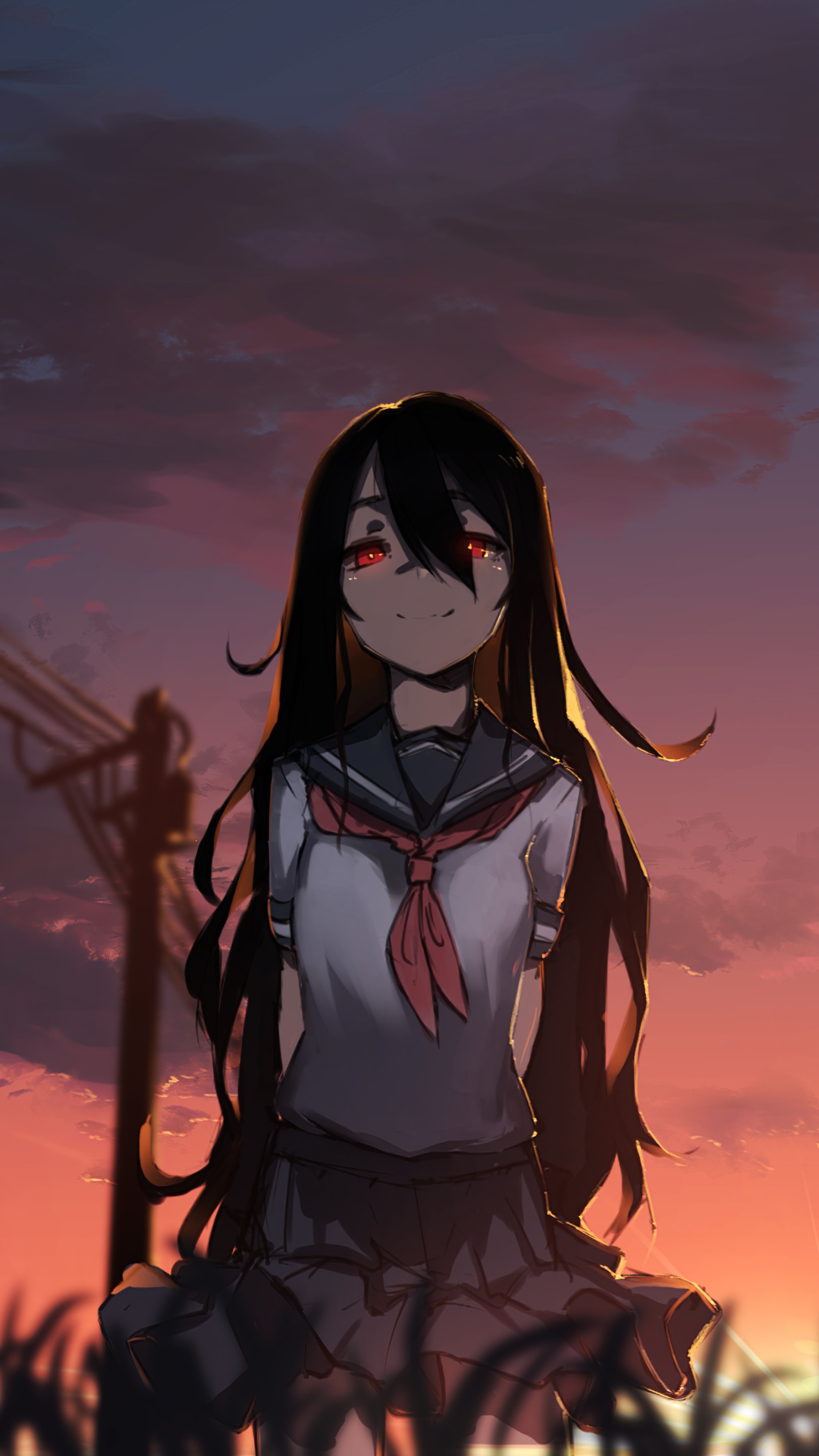 Anime girl with red eyes in school uniform at sunset HD Phone Wallpaper