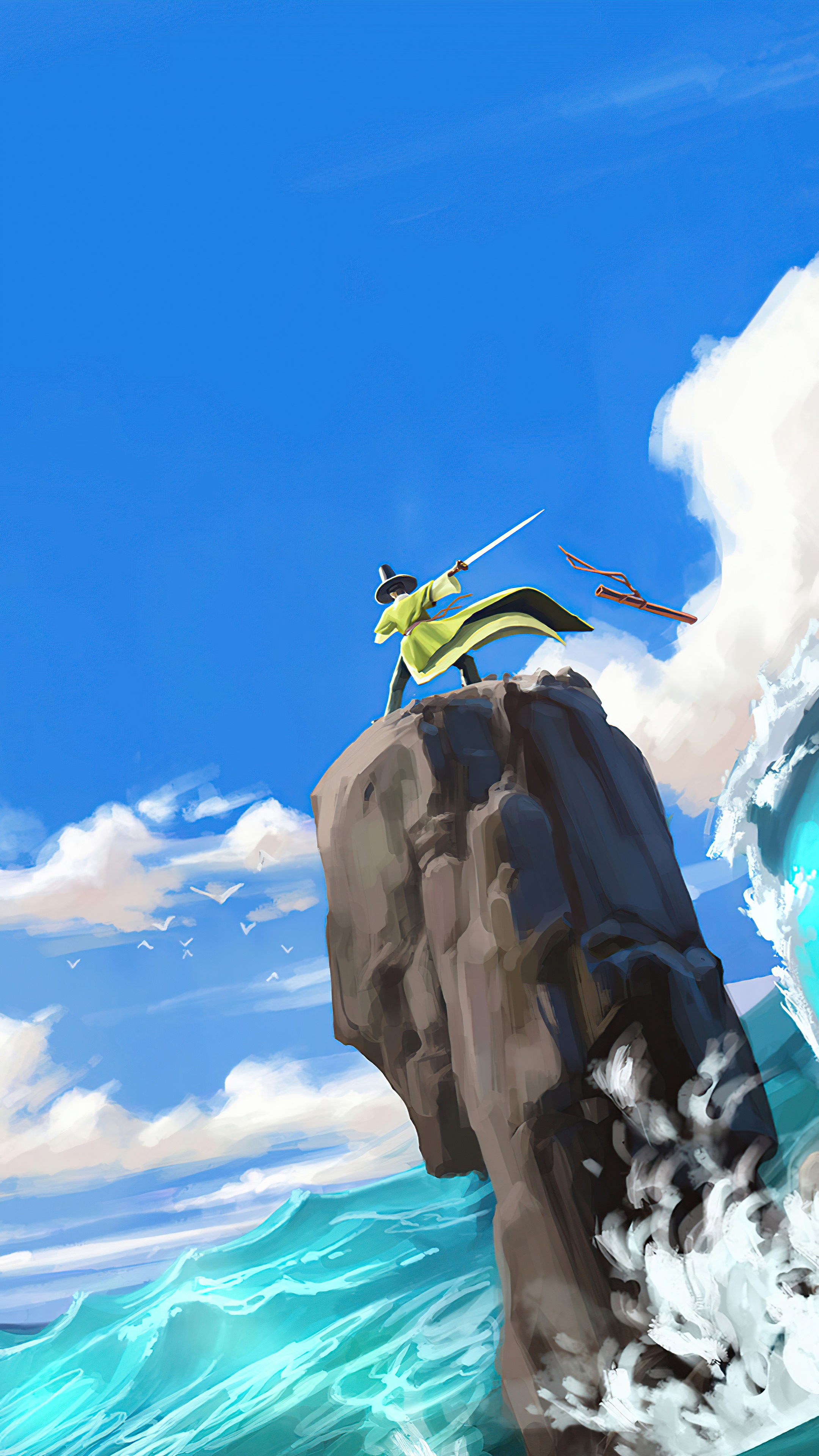 A figure in a green coat on a rock with a sword HD Phone Wallpaper