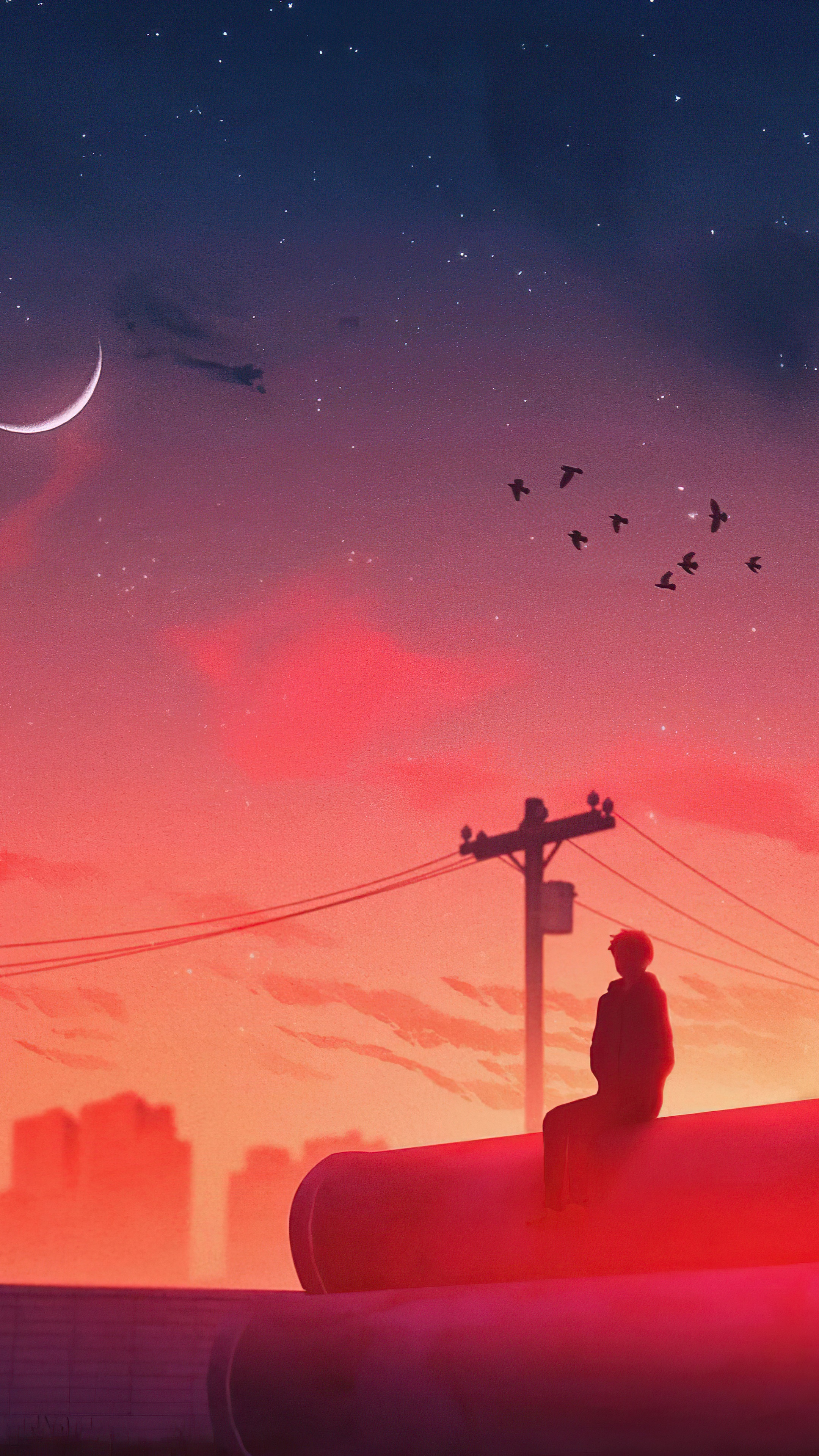 Person sitting on pipes at sunset with birds and moon HD Phone Wallpaper