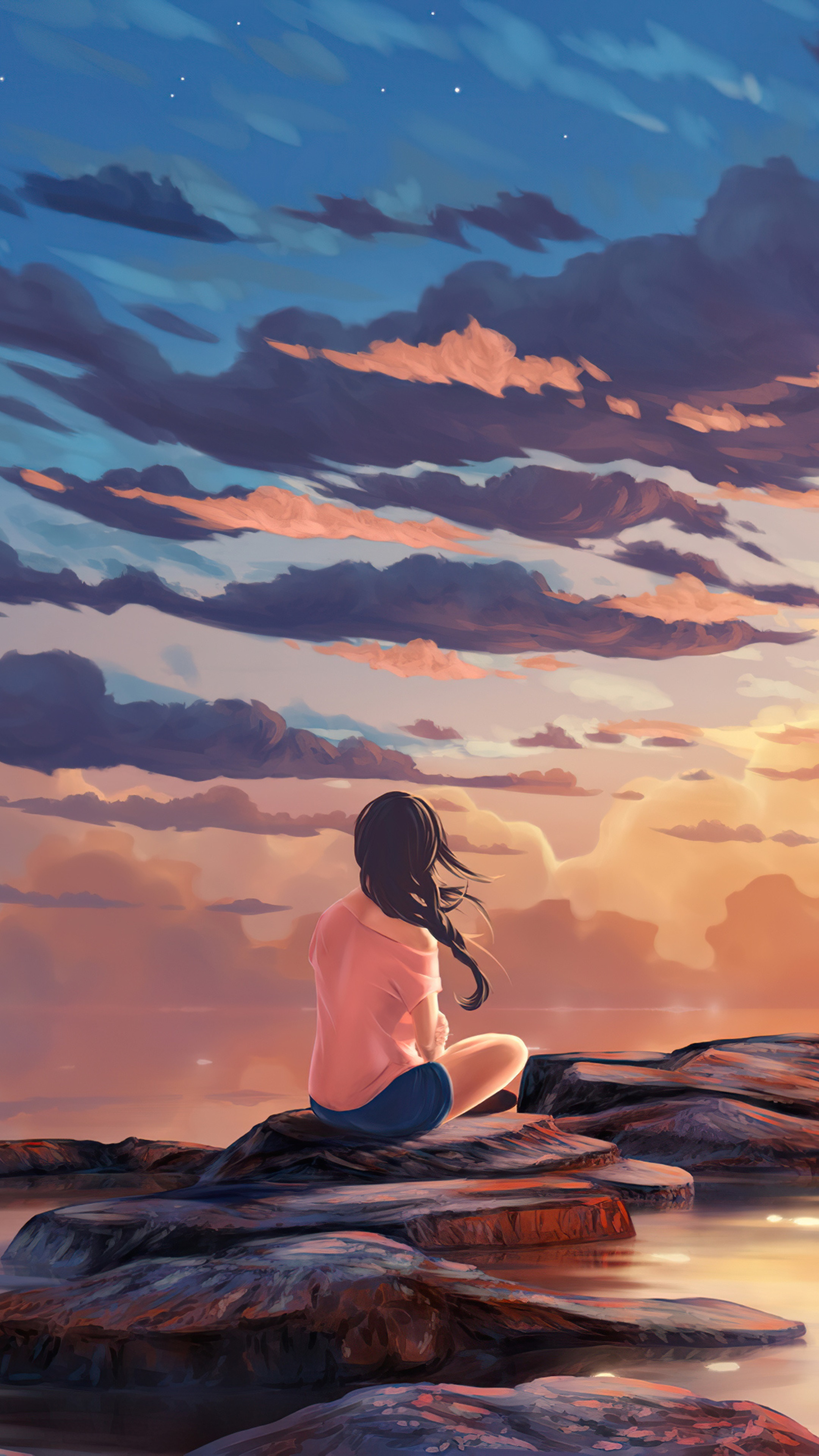 Girl sitting on rocks at sunset HD Phone Wallpaper