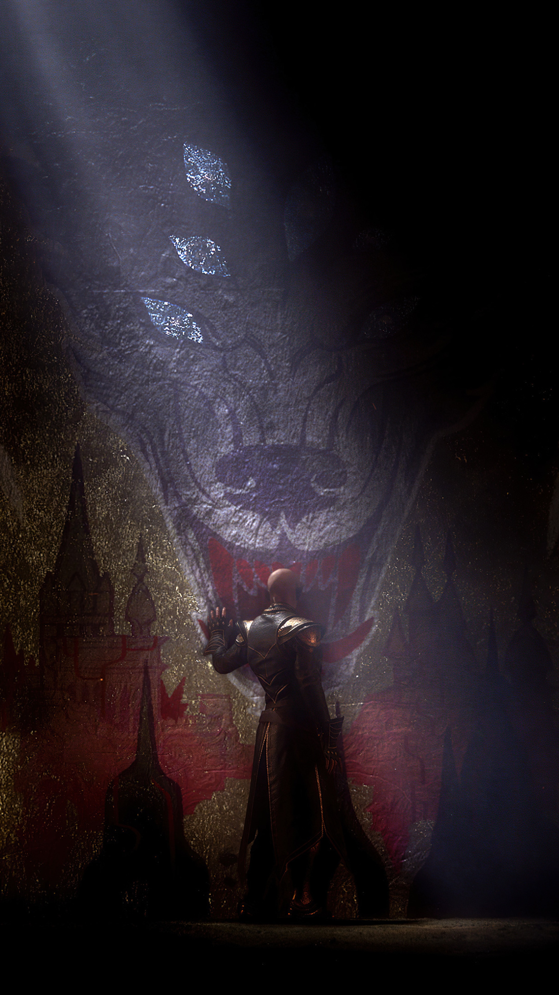 Man in armor facing a mural in Dragon Age 4K HD Phone Wallpaper