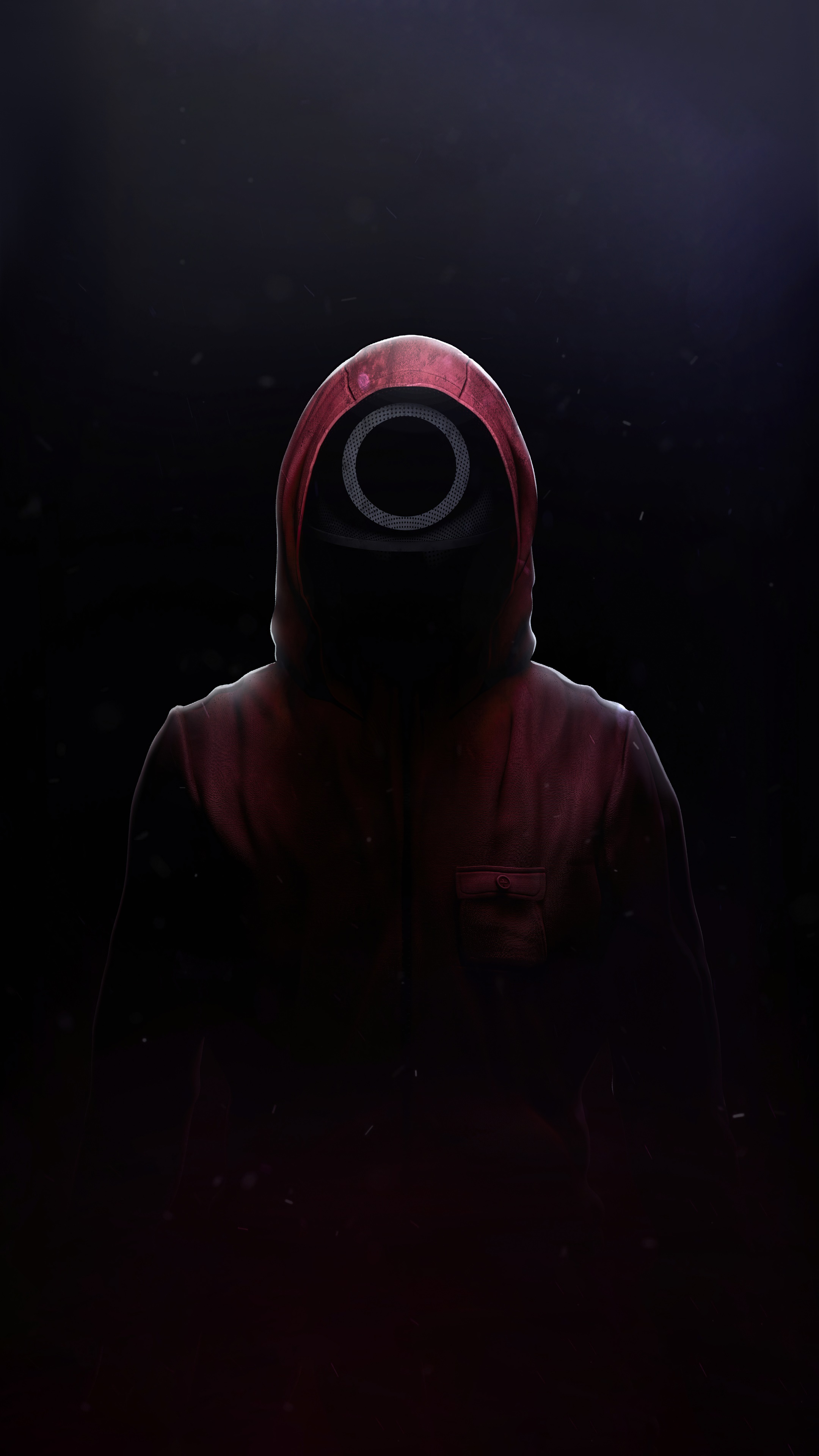 Squid Game guard in red hoodie with circle mask HD Phone Wallpaper