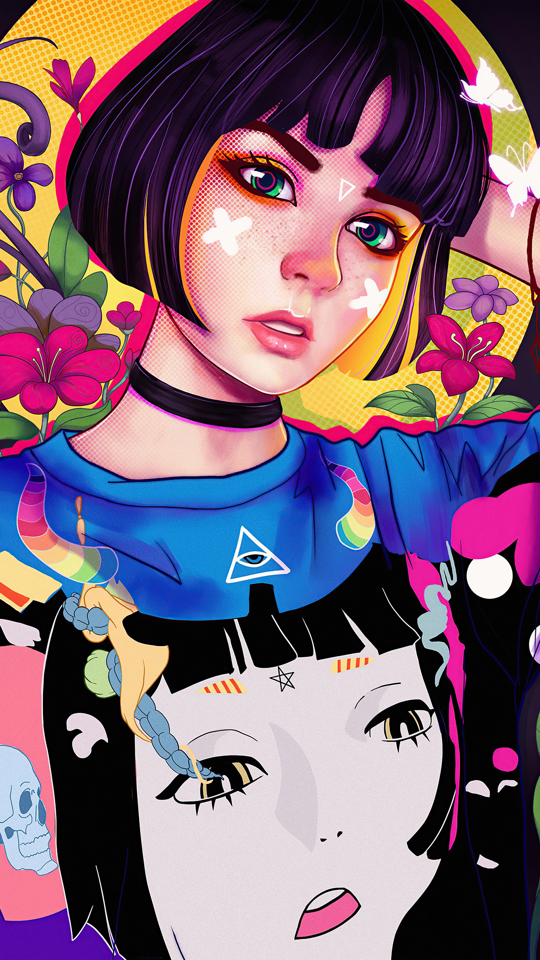 Digital art of a girl with colorful flowers and butterflies HD Phone Wallpaper