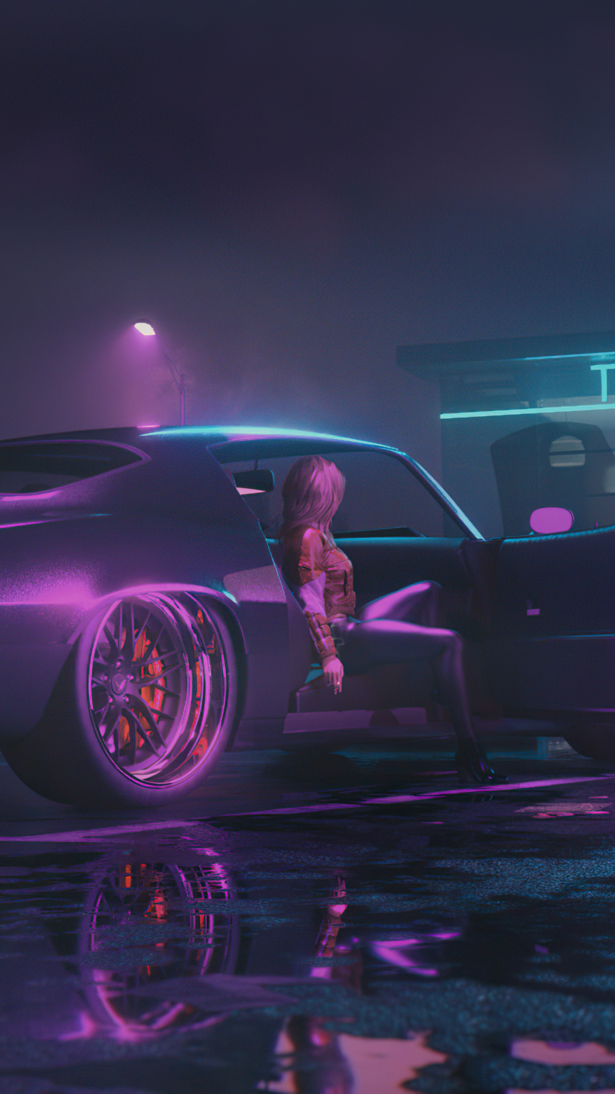 Woman in car with neon lights HD Phone Wallpaper