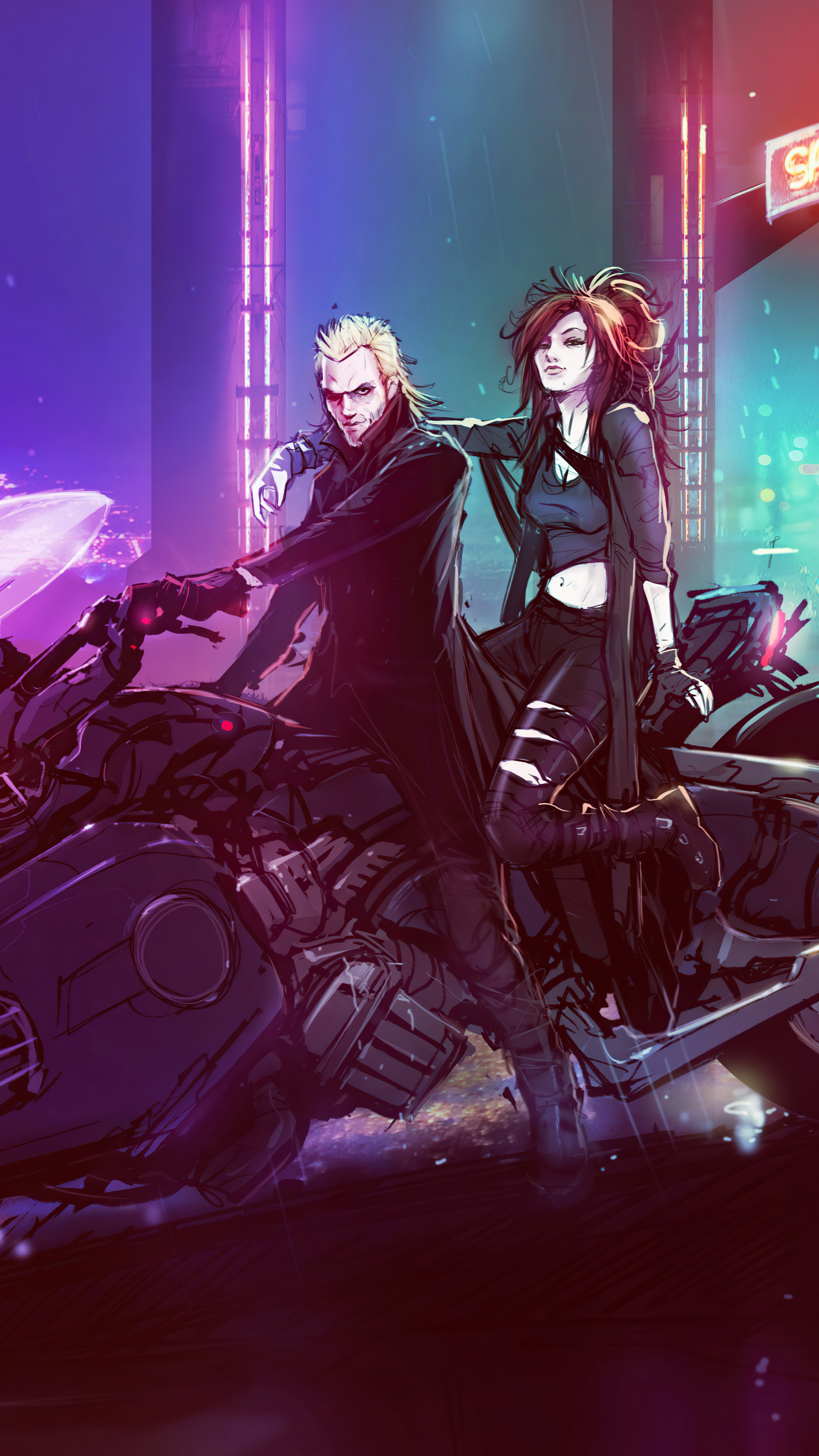 Sci-fi artwork of a couple on a motorcycle HD Phone Wallpaper