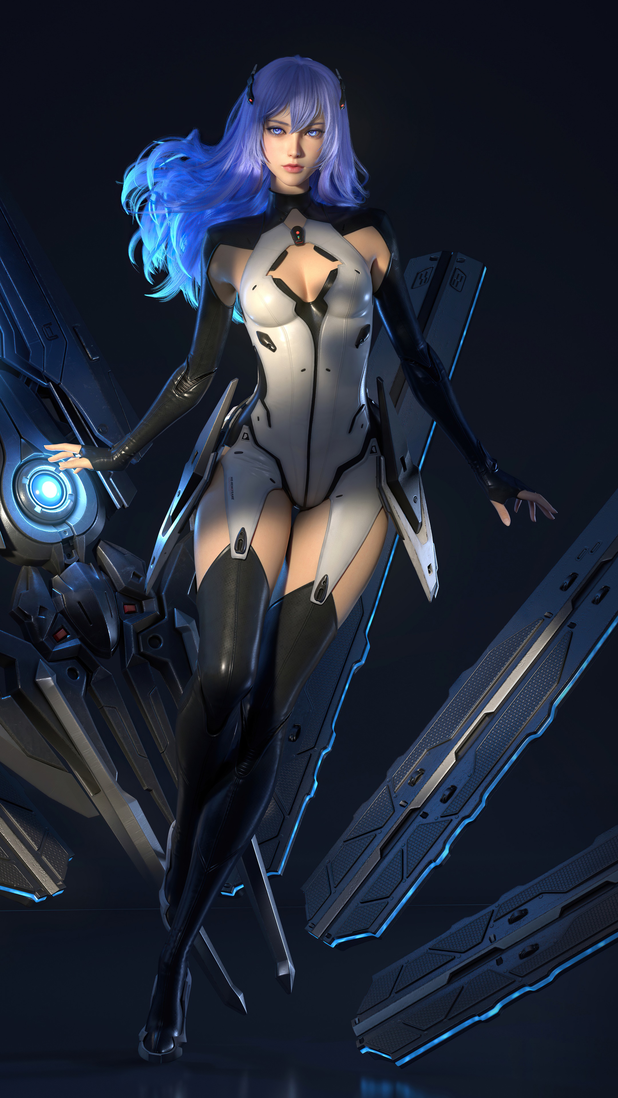 Sci-fi artwork of a woman with blue hair in a white suit HD Phone Wallpaper