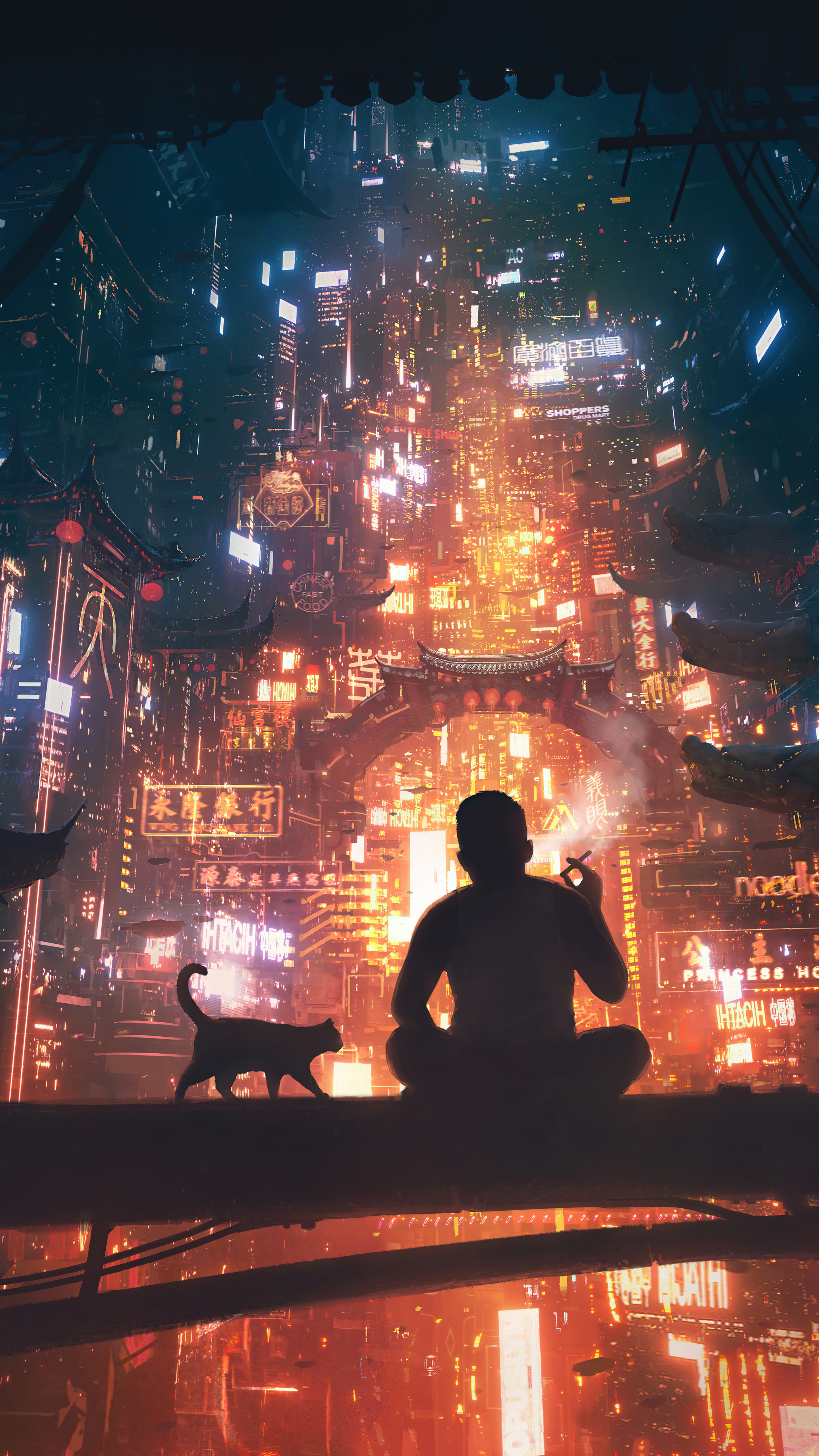 Man and cat in a futuristic city HD Phone Wallpaper