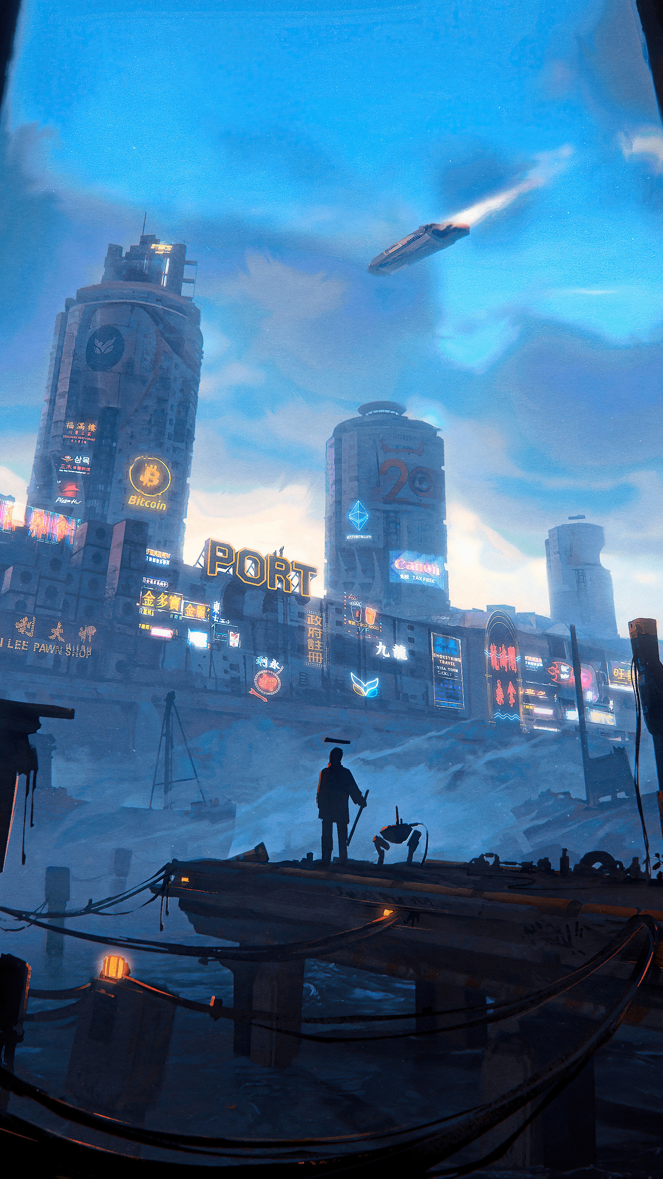 Cyberpunk port with futuristic buildings and a lone figure HD Phone Wallpaper