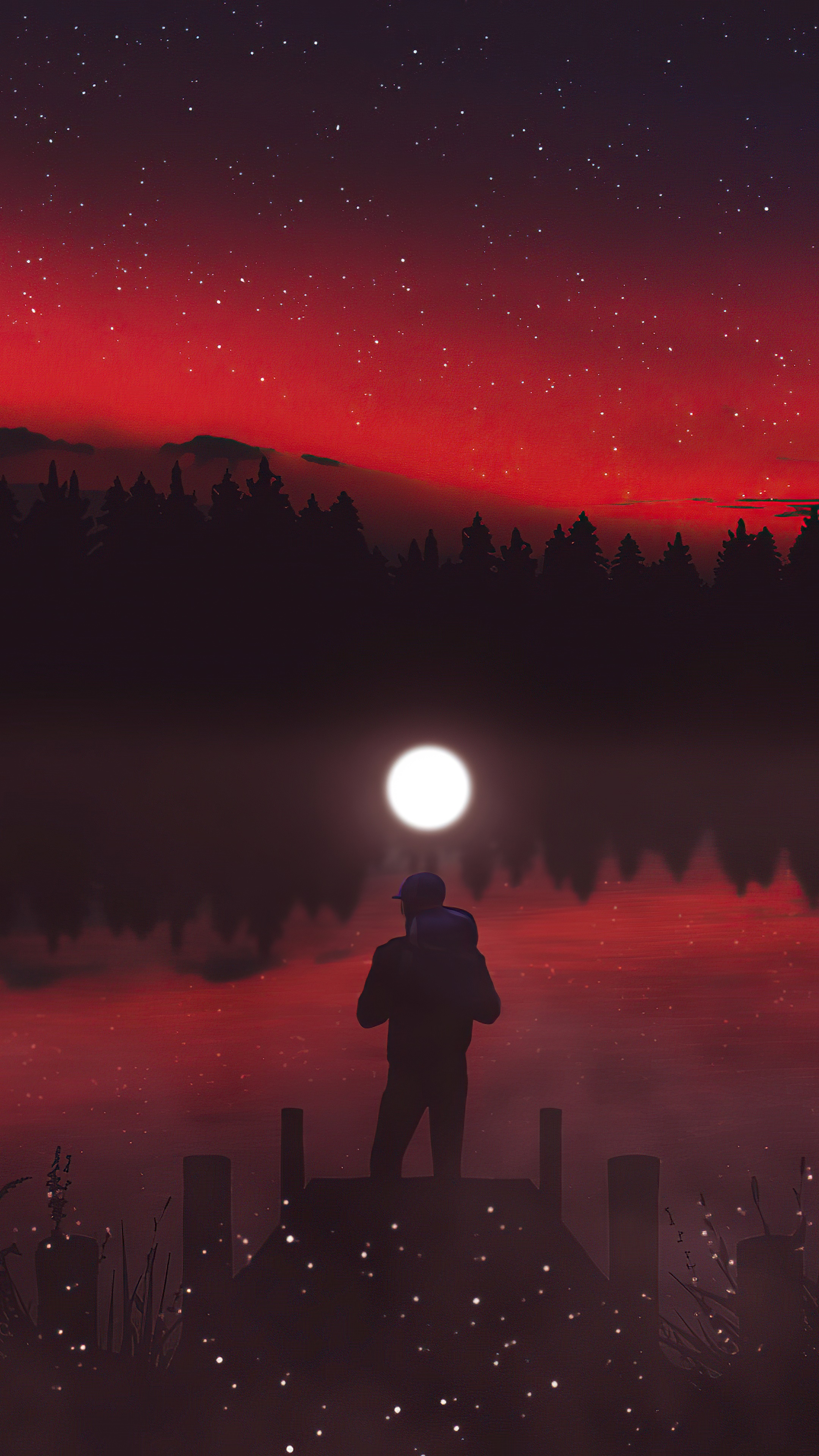 Man carrying child on shoulders by lake at night HD Phone Wallpaper