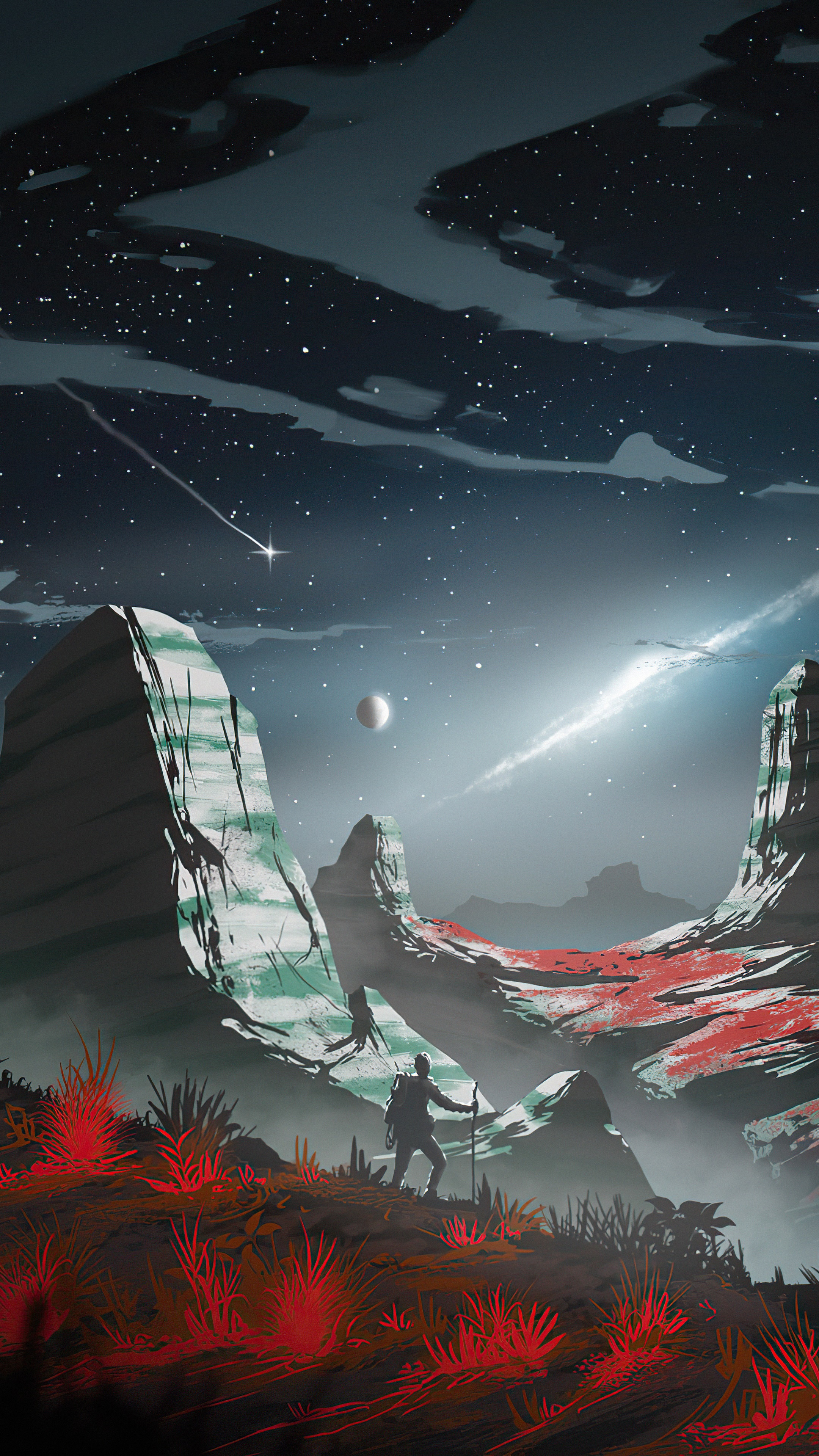 Man hiking on alien planet with two moons HD Phone Wallpaper