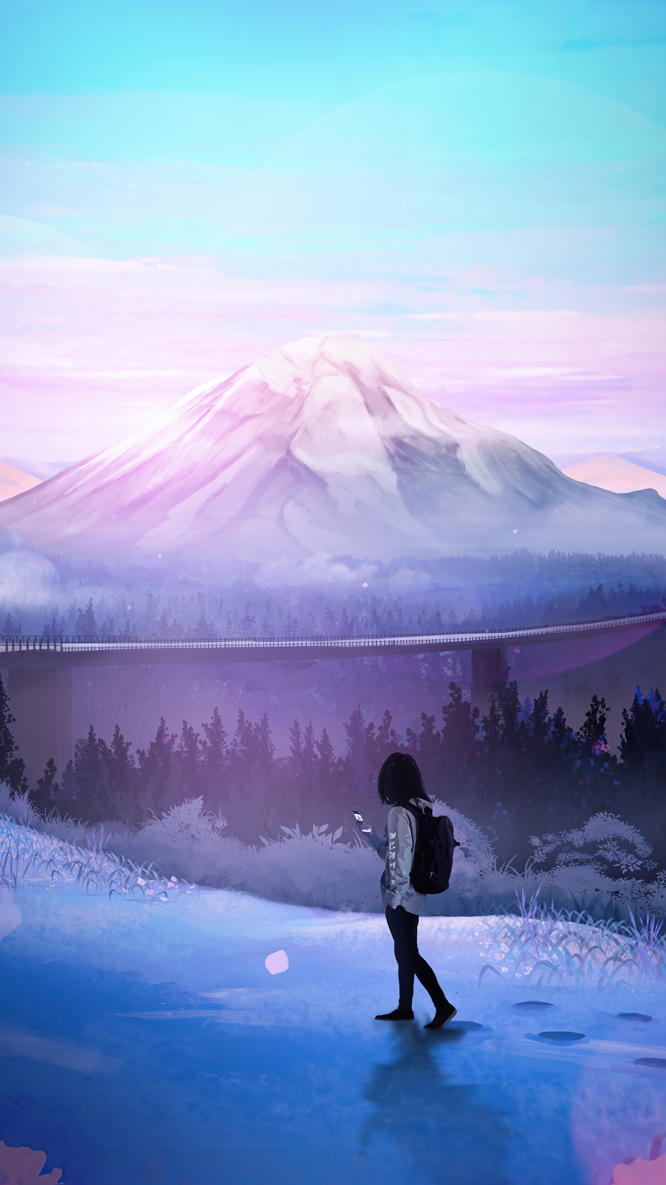 Girl with backpack looking at phone with mountain background HD Phone Wallpaper