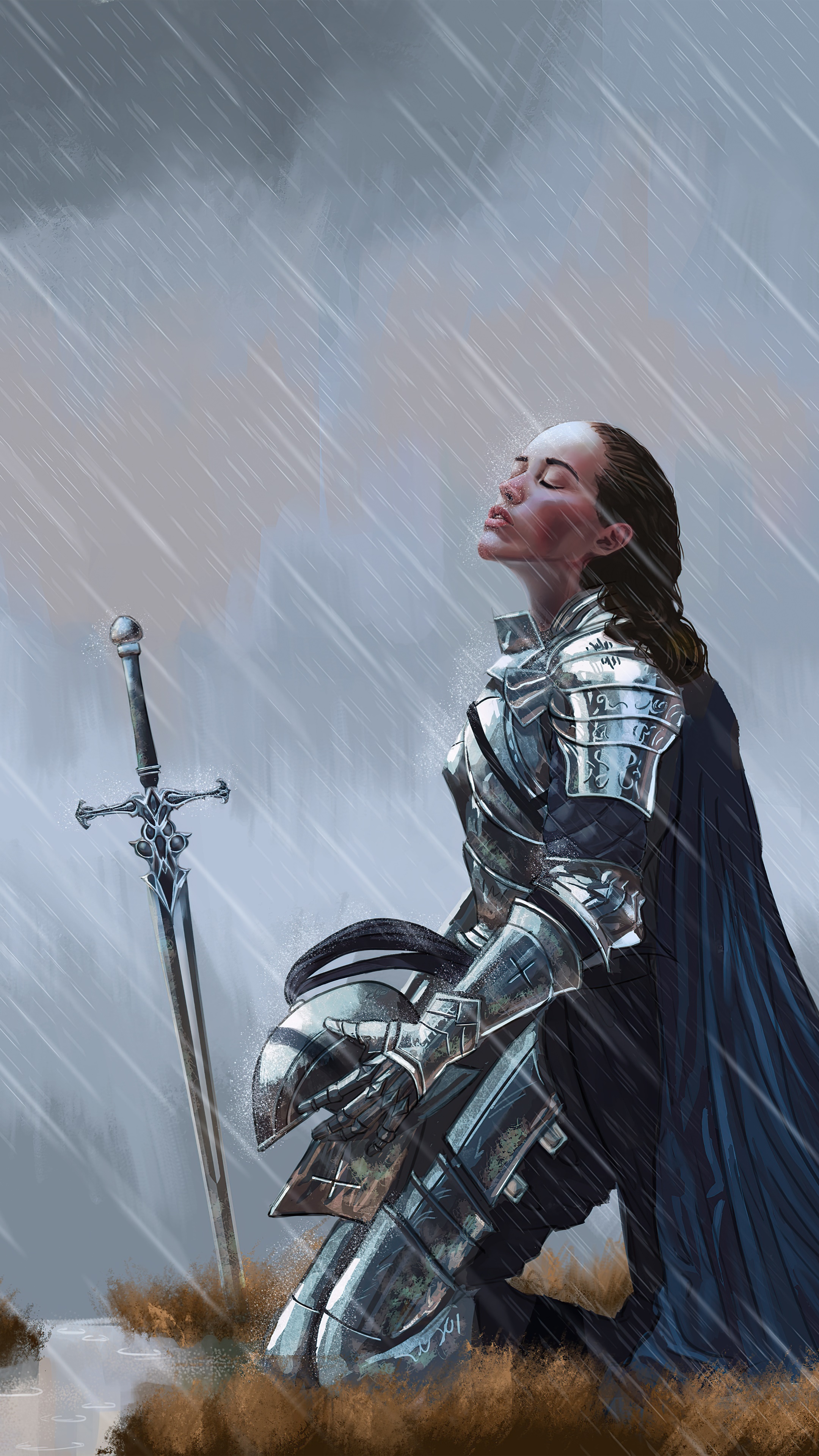 Knight kneeling in the rain with sword and helmet HD Phone Wallpaper