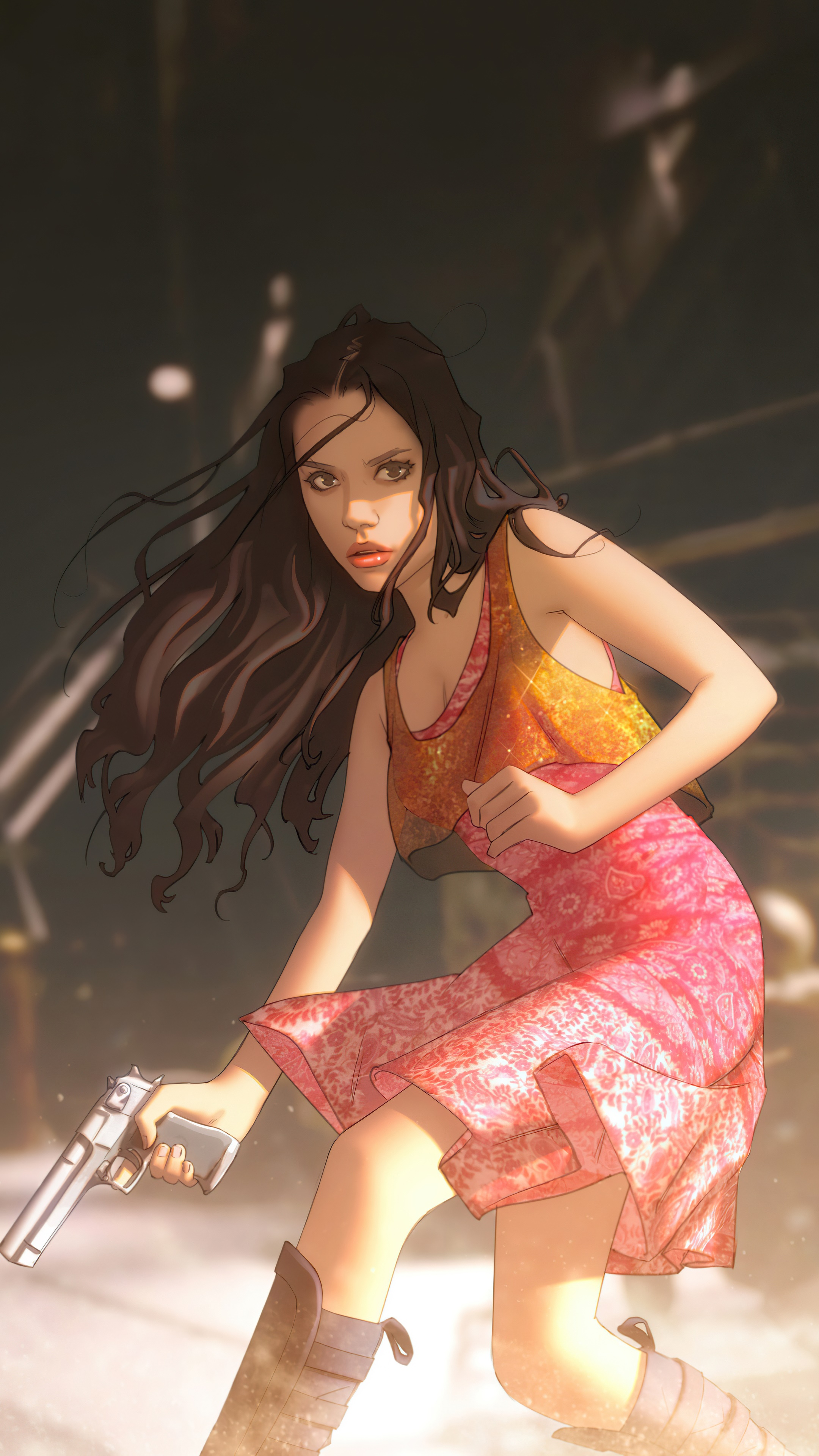 Woman with a gun in a pink dress HD Phone Wallpaper