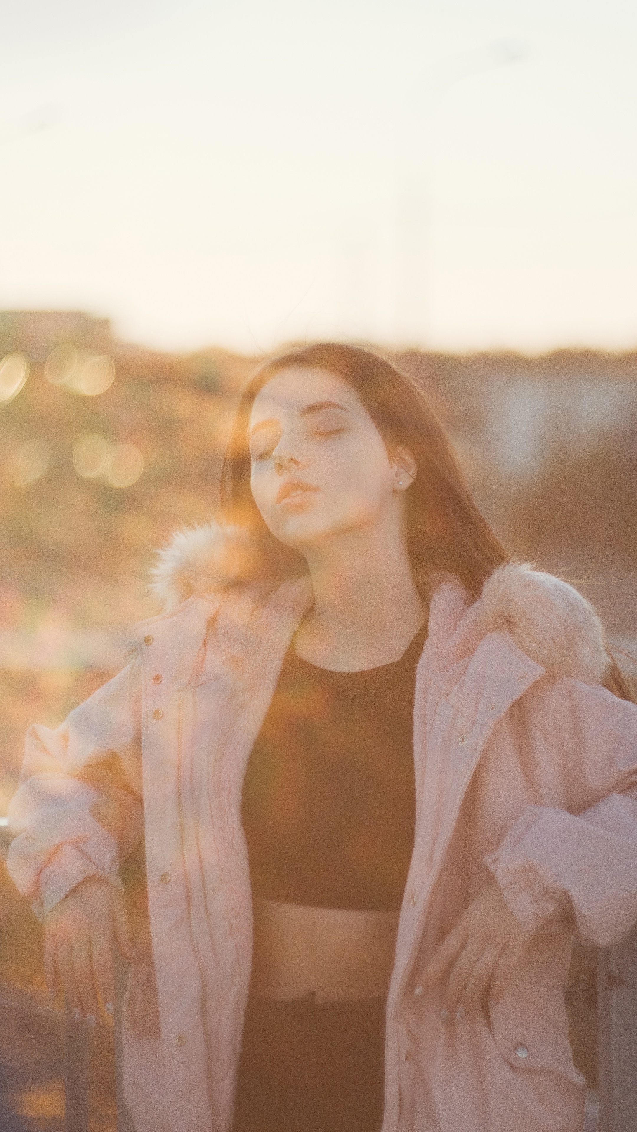 Girl in a pink jacket with fur trim HD Phone Wallpaper