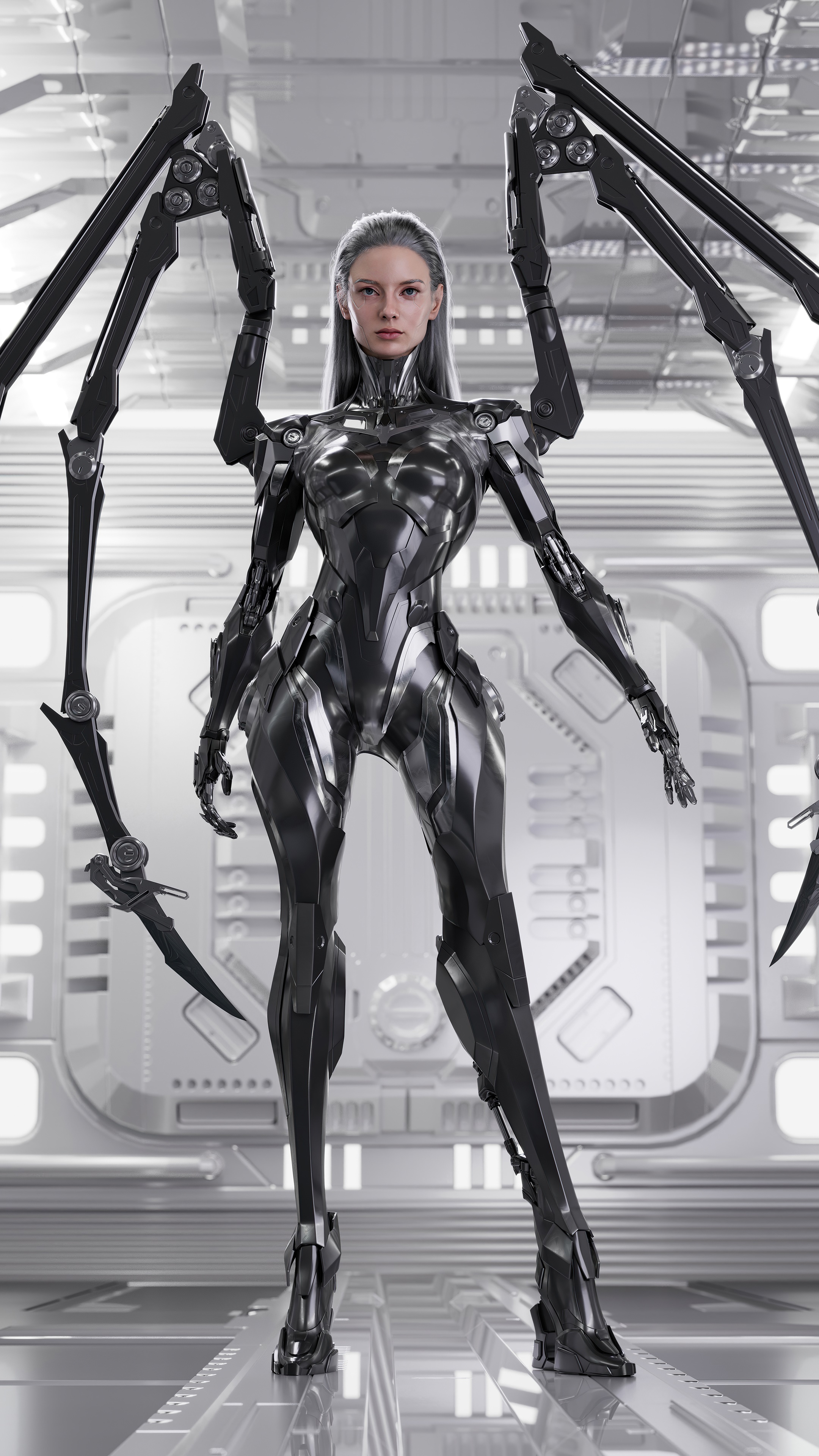 Woman with mechanical spider-like limbs HD Phone Wallpaper