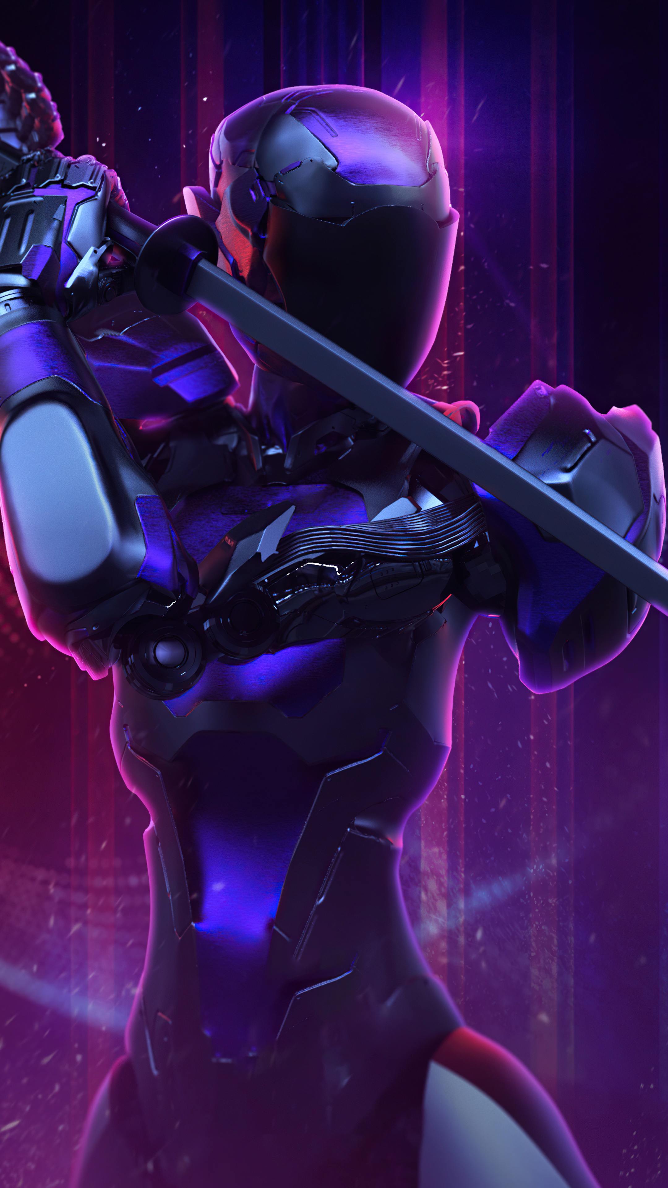 Sci-fi warrior with katana in purple lighting HD Phone Wallpaper