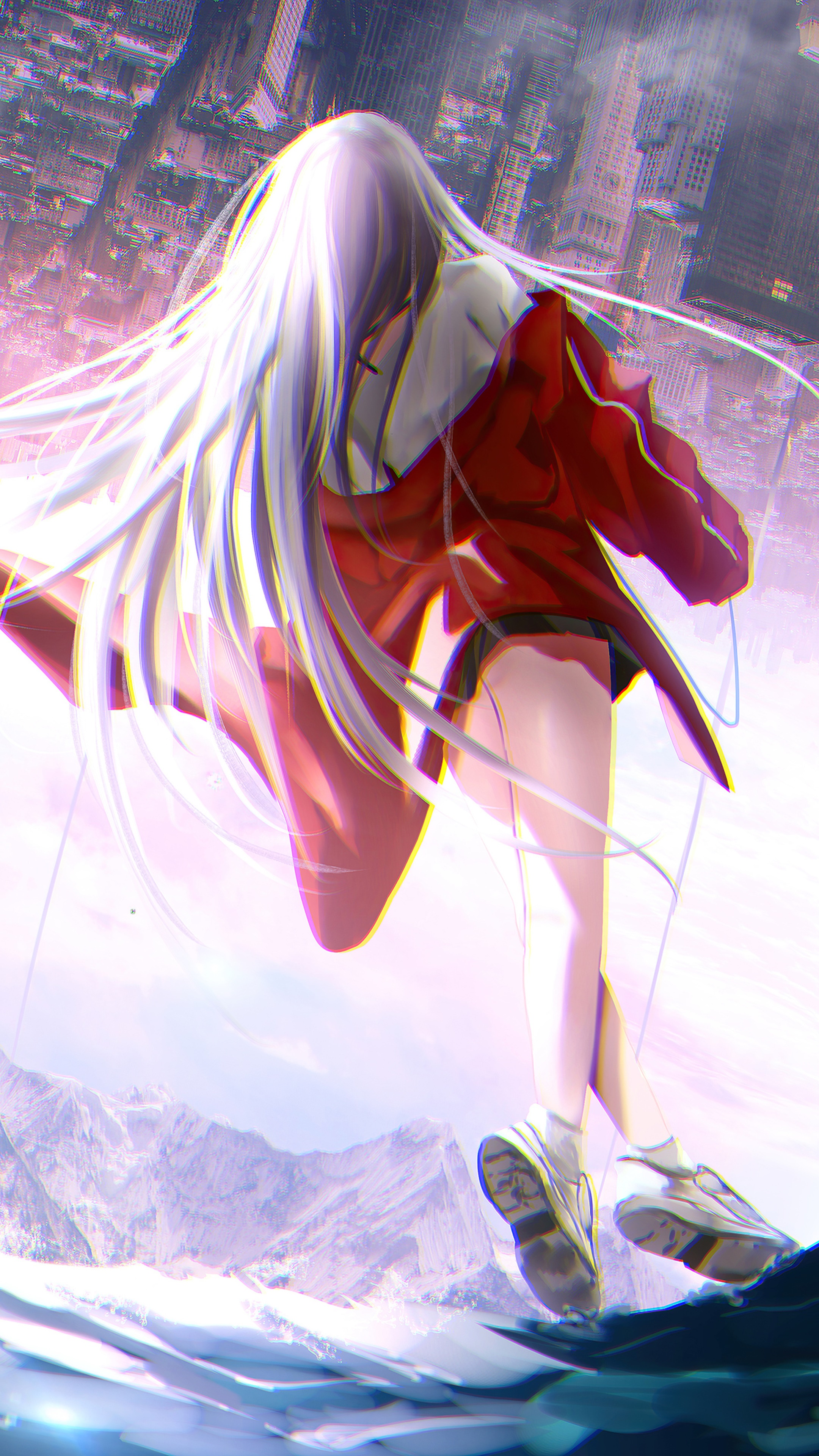 Anime girl with white hair in red jacket HD Phone Wallpaper