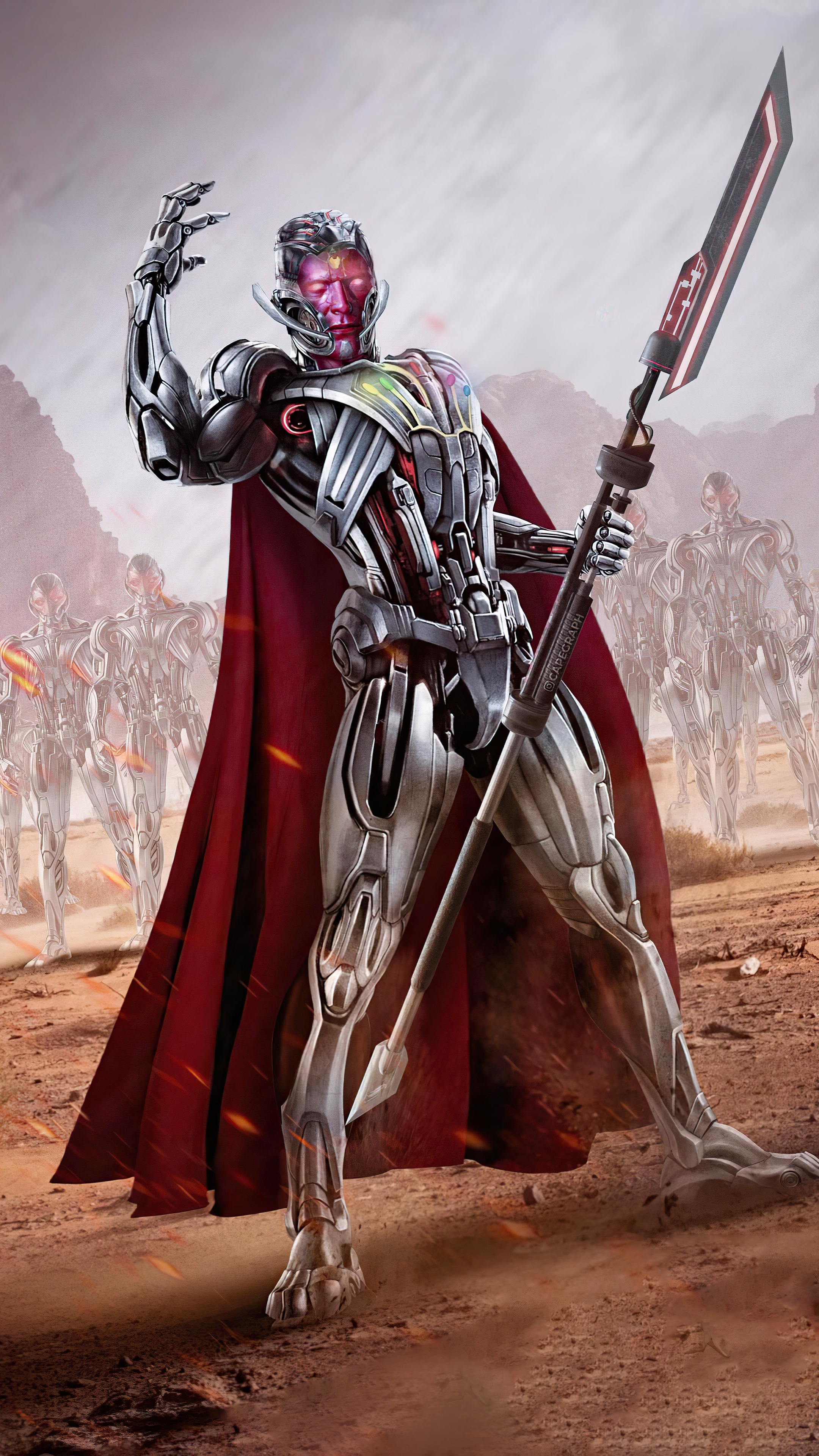 Ultron from Marvel Comics with a cape and spear HD Phone Wallpaper