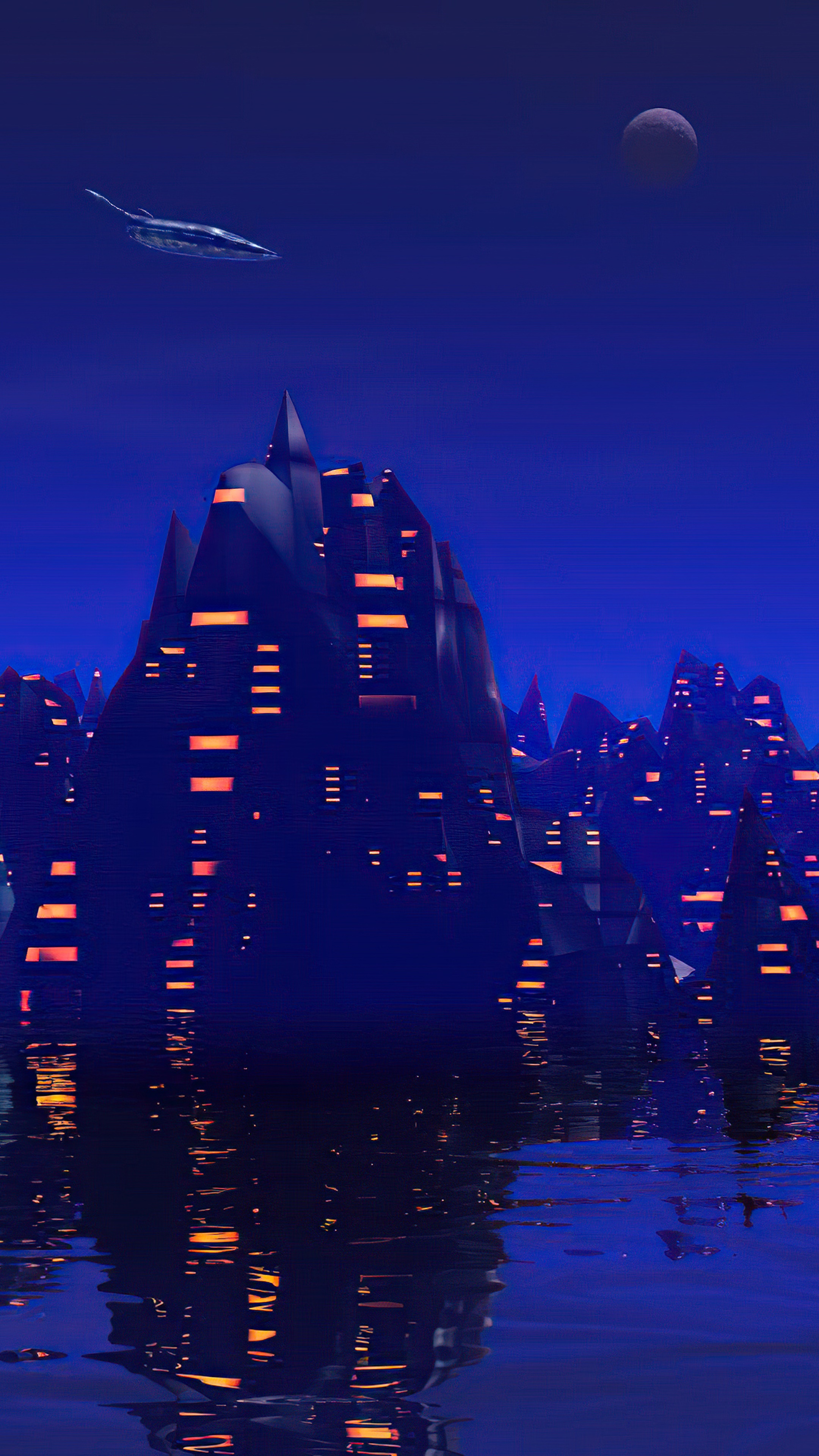 Futuristic Cityscape at Night with Spaceship and Moon HD Phone Wallpaper