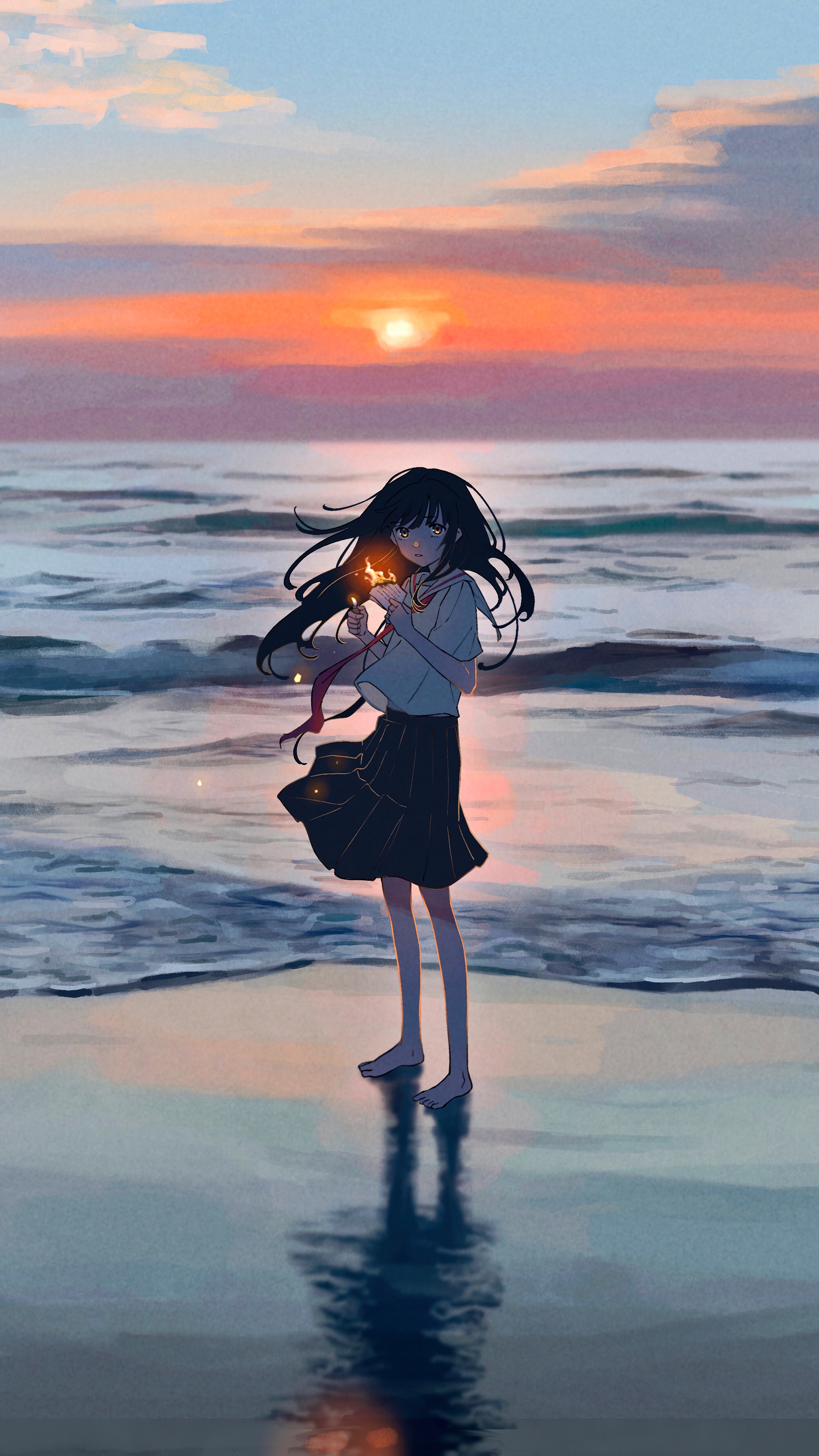 Anime girl with sparklers on a beach at sunset HD Phone Wallpaper