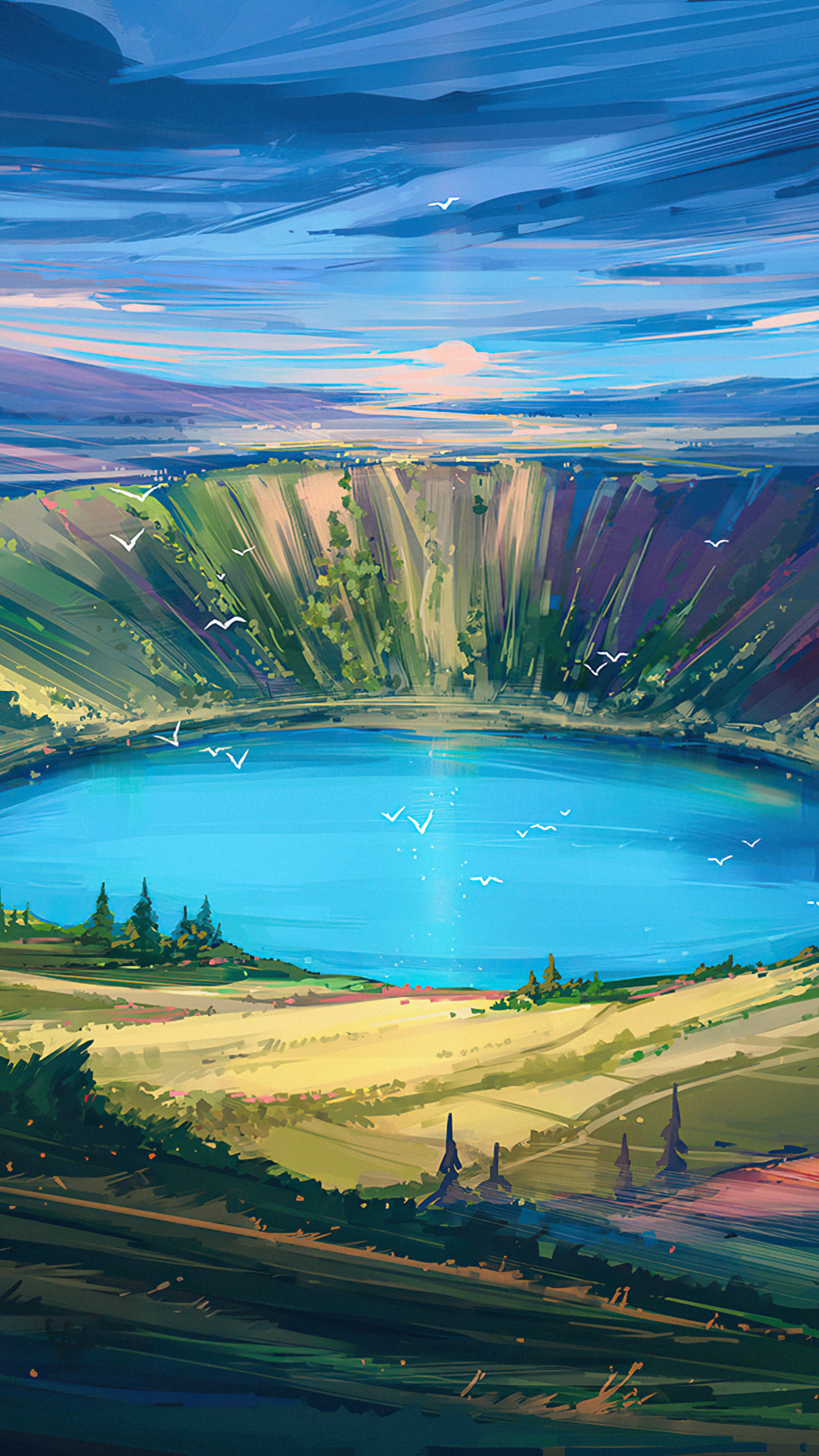 Digital Art Crater Lake with Birds HD Phone Wallpaper