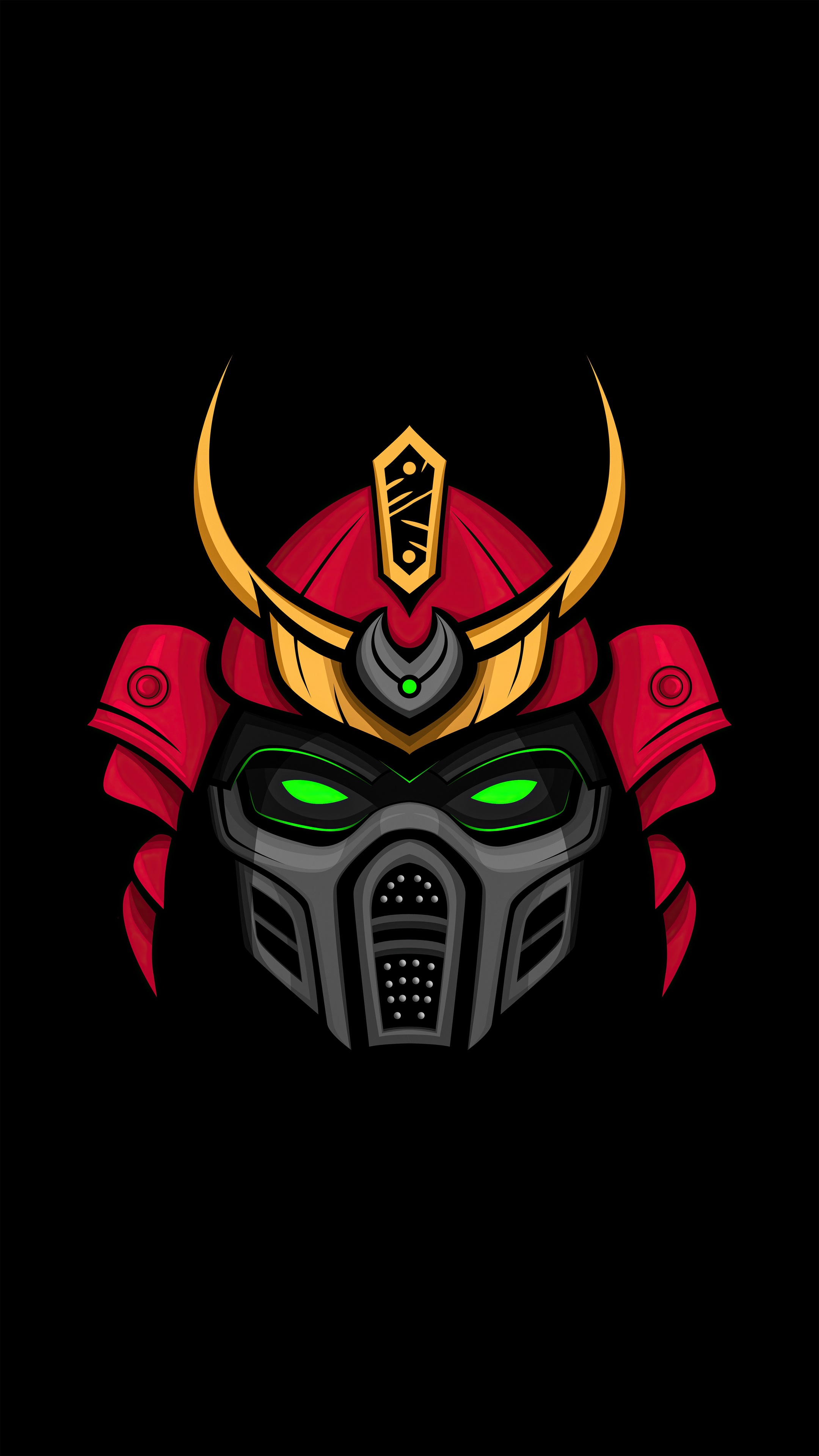 Robotic Samurai Mask with Green Eyes HD Phone Wallpaper