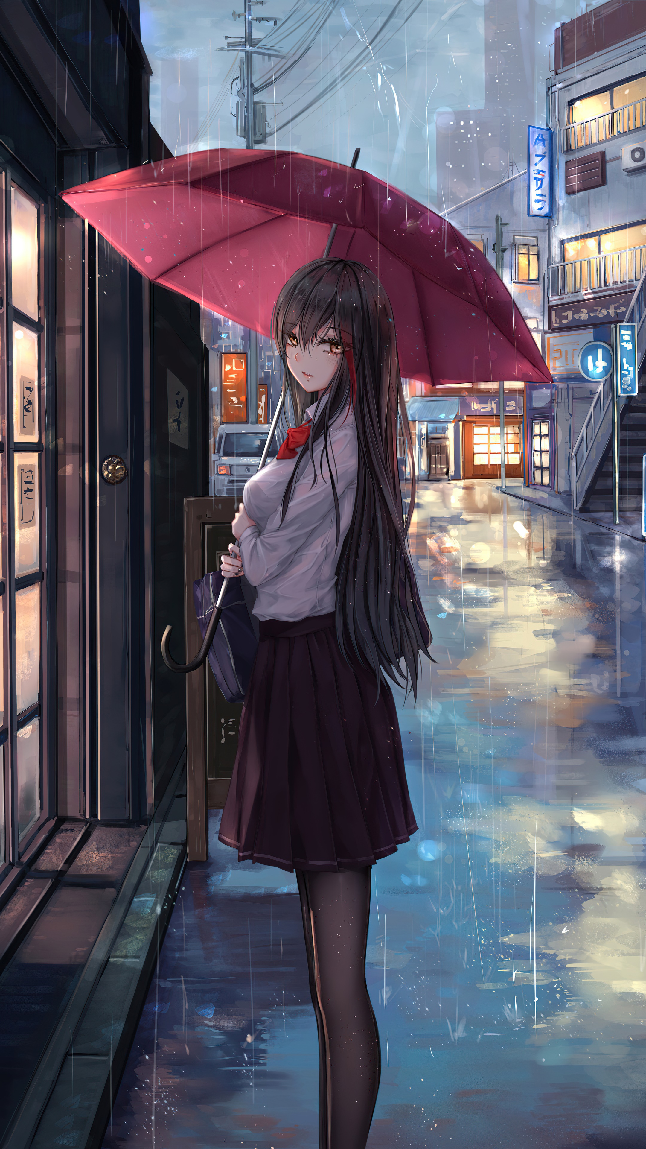 Anime girl with umbrella in the rain HD Phone Wallpaper