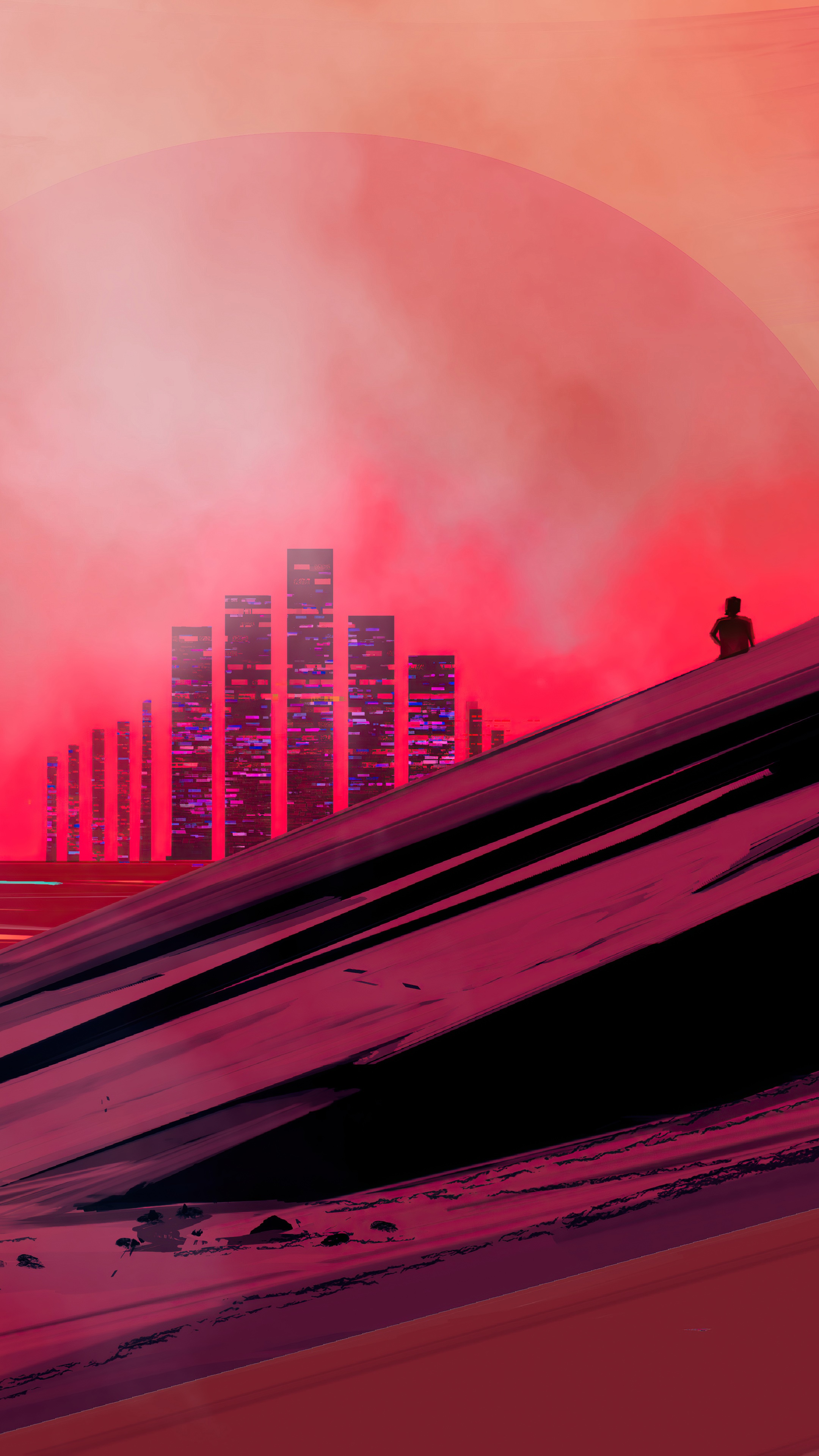 Retrowave cityscape with lone figure on a hill HD Phone Wallpaper