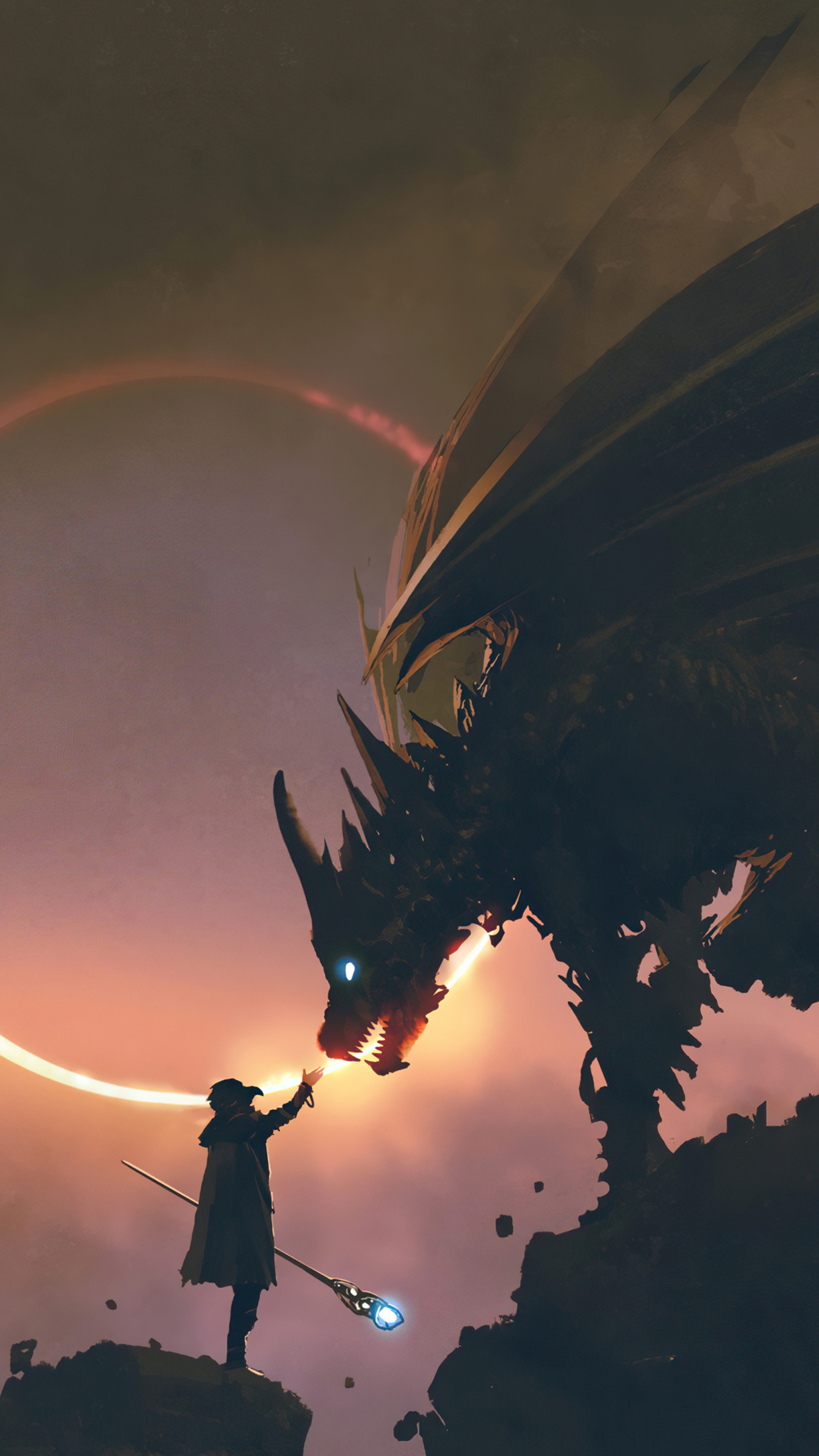 Fantasy artwork of a wizard and a dragon HD Phone Wallpaper