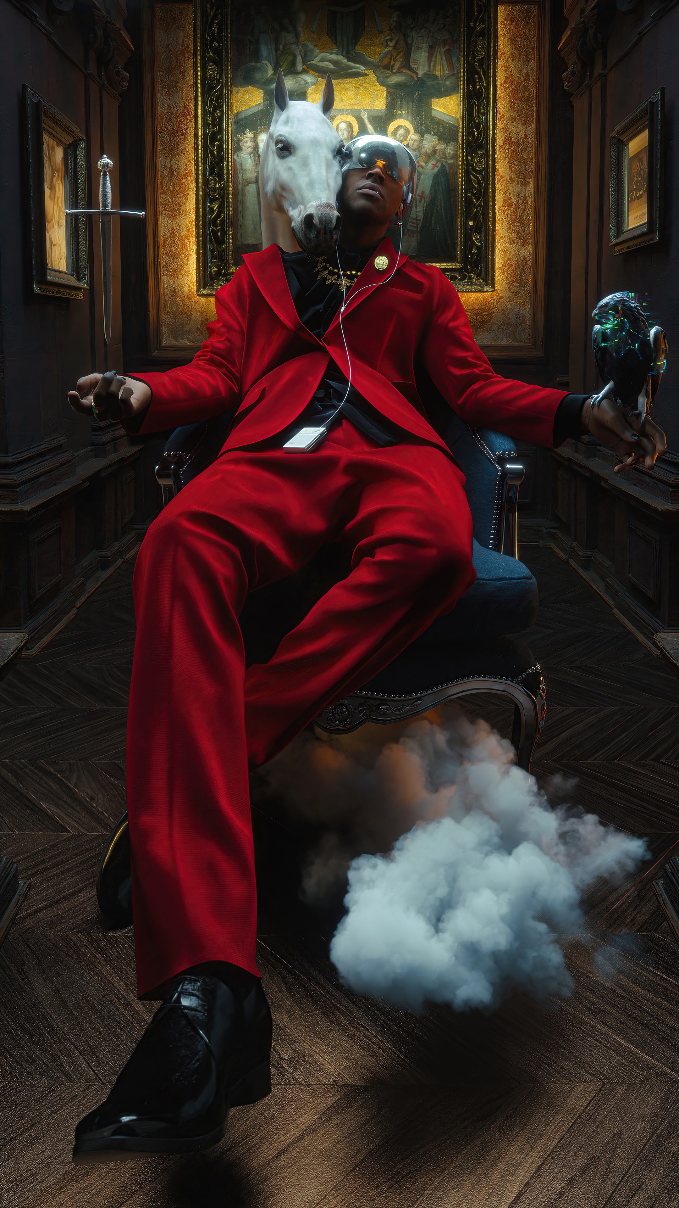 Man with horse head in red suit sitting in chair HD Phone Wallpaper